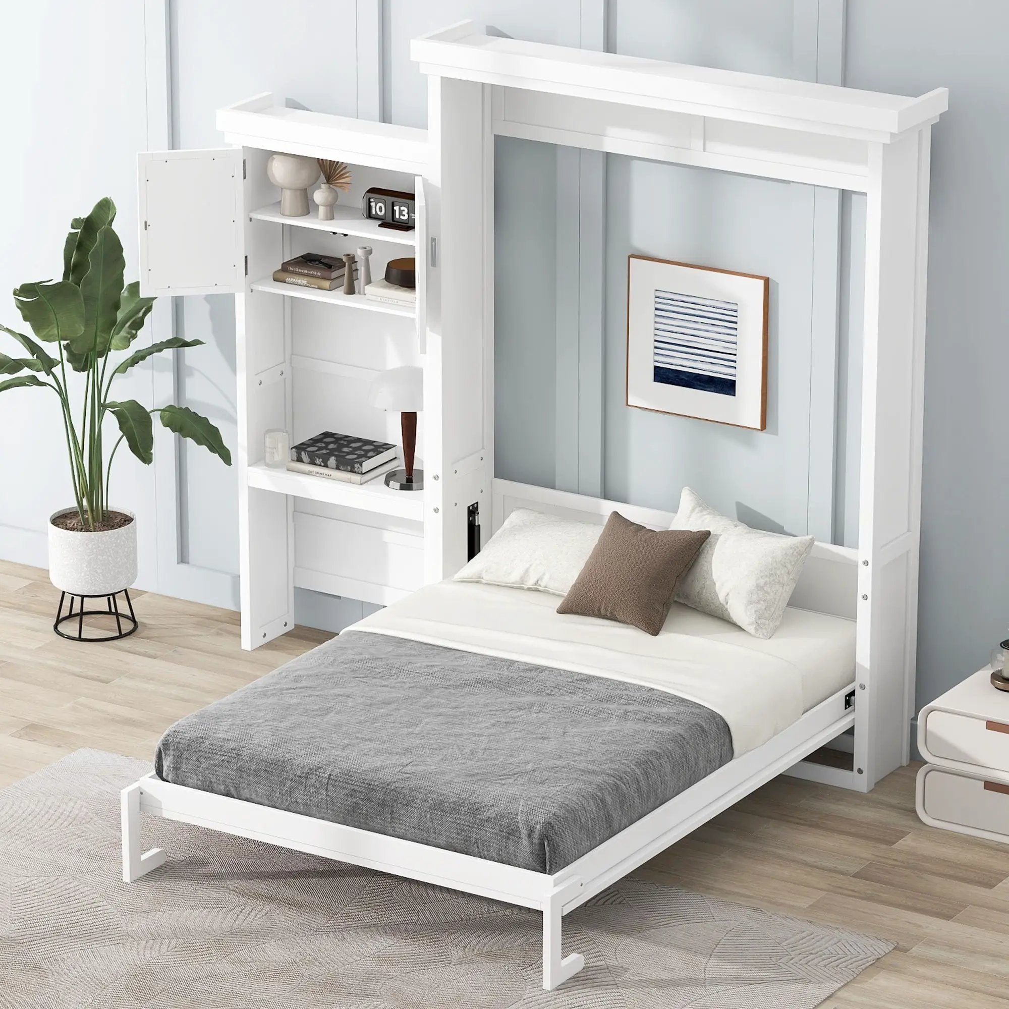 Queen Size Murphy Bed With Louvered Design And Multiple Storage Shelves - White by HouseOfZazla