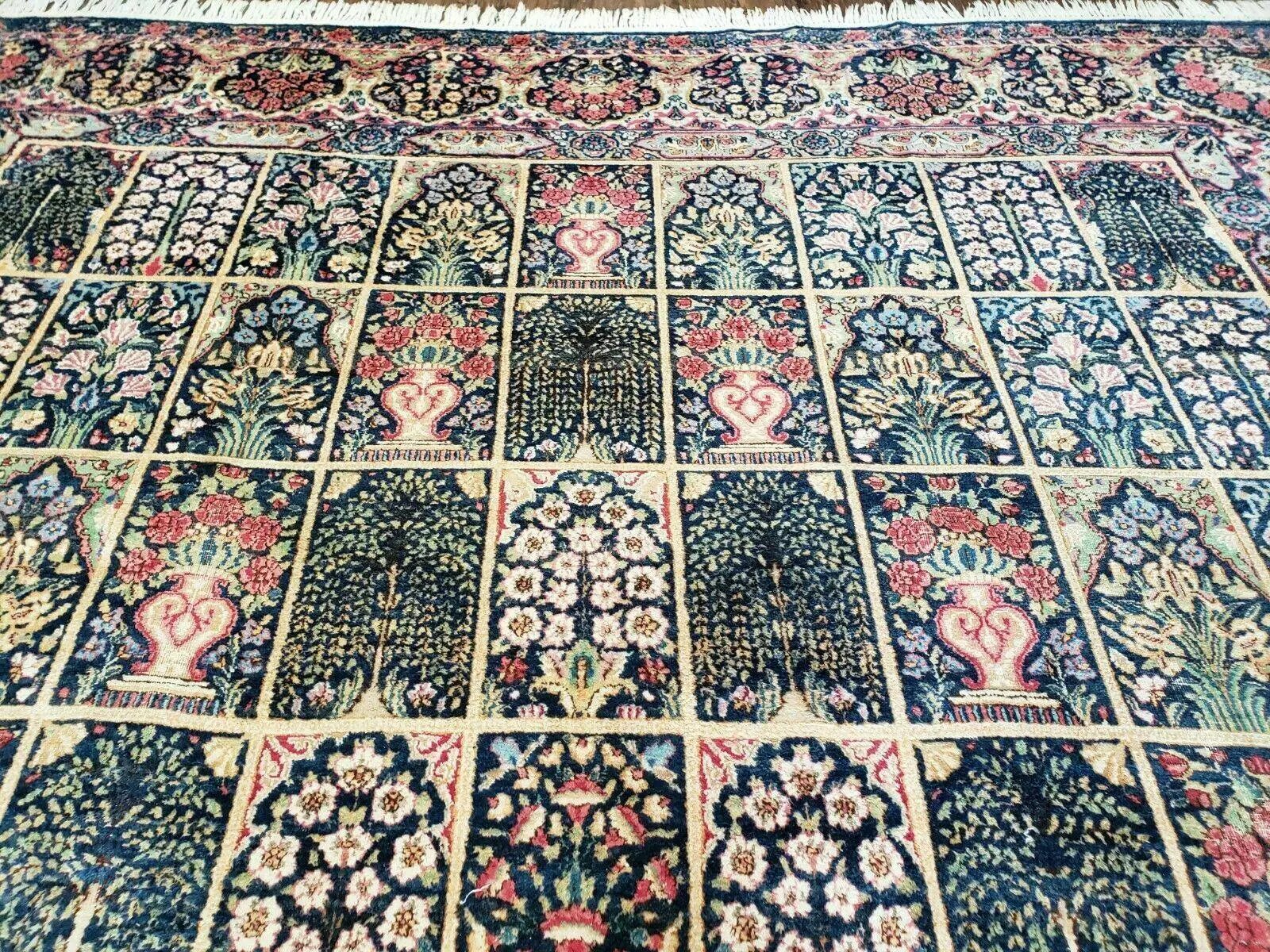 Persian Rug 10x15, Authentic Oriental Carpet 10 x 15, Wool Area Rug Panel Design Hand-Knotted Vintage Kirman Yazd Rug, Dark Blue and Beige, Floral by Jewel Rugs