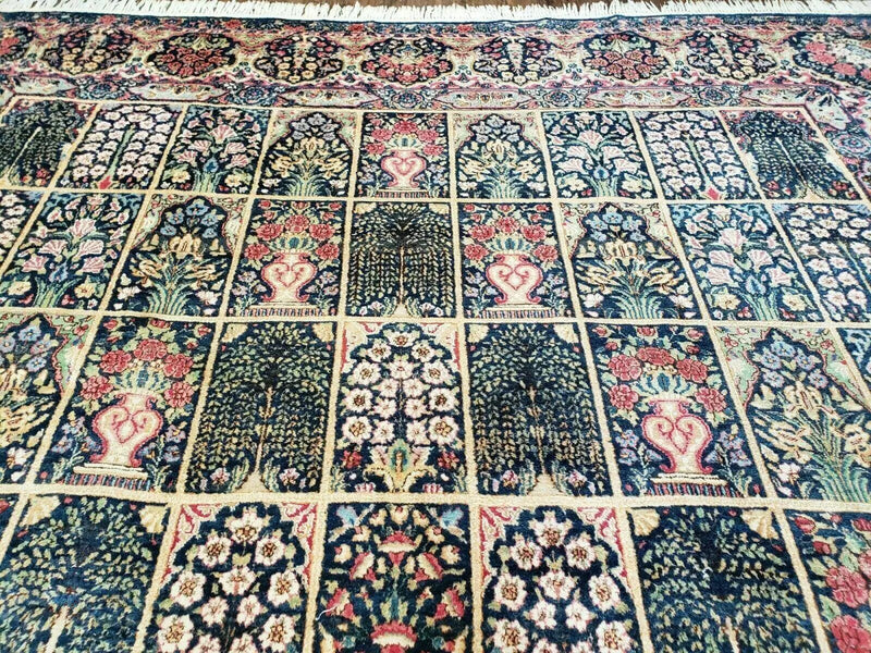 Persian Rug 10x15, Authentic Oriental Carpet 10 x 15, Wool Area Rug Panel Design Hand-Knotted Vintage Kirman Yazd Rug, Dark Blue and Beige, Floral by Jewel Rugs