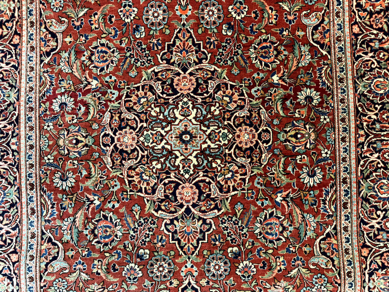 Persian Kashan Rug 4x7, Red and Navy Blue, Floral Antique Carpet by Jewel Rugs
