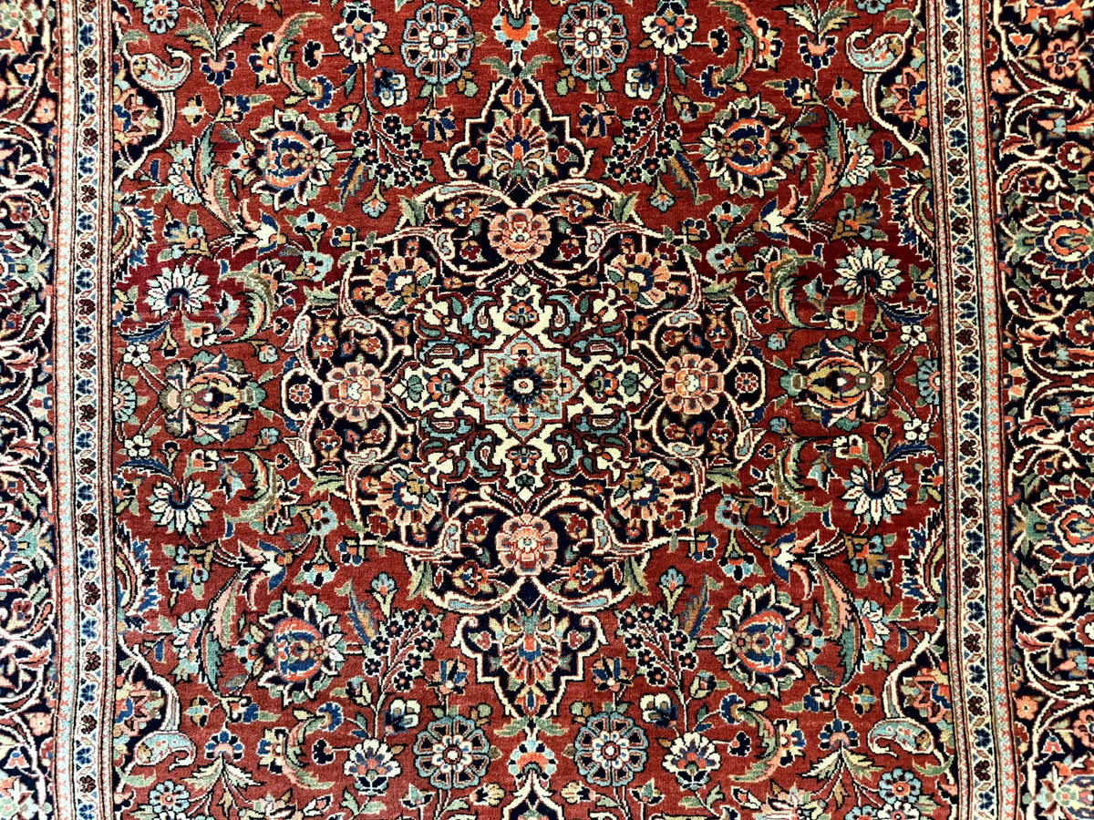Persian Kashan Rug 4x7, Red and Navy Blue, Floral Antique Carpet by Jewel Rugs