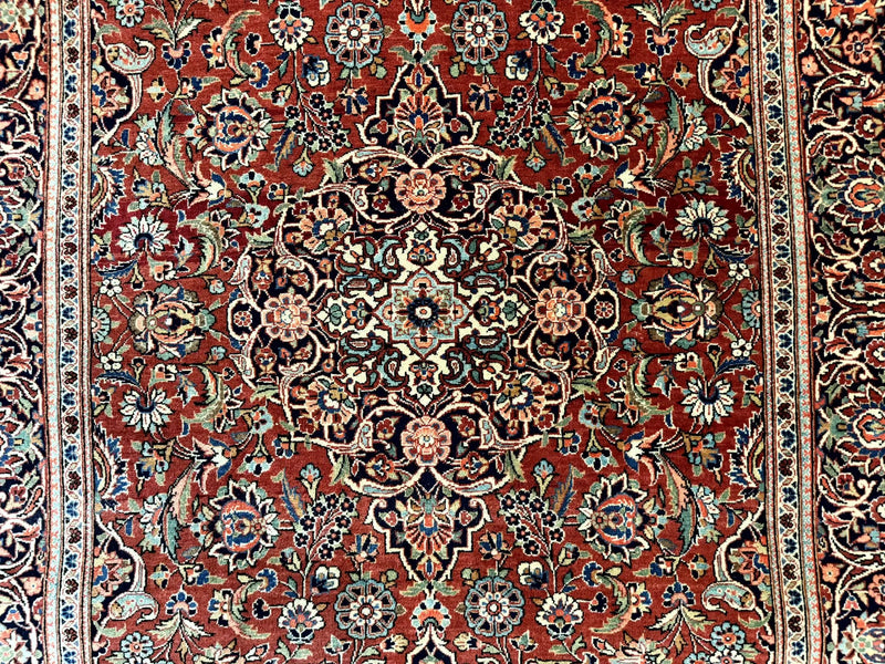 Persian Kashan Rug 4x7, Red and Navy Blue, Floral Antique Carpet by Jewel Rugs