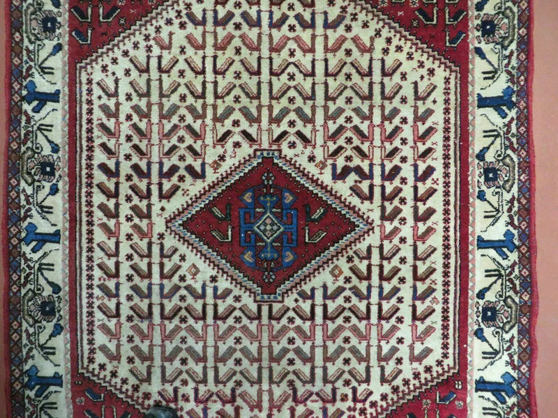 3' X 5' Vintage Handmade India Geometric Oriental Wool Rug Nice Birds Ivory Red by Jewel Rugs