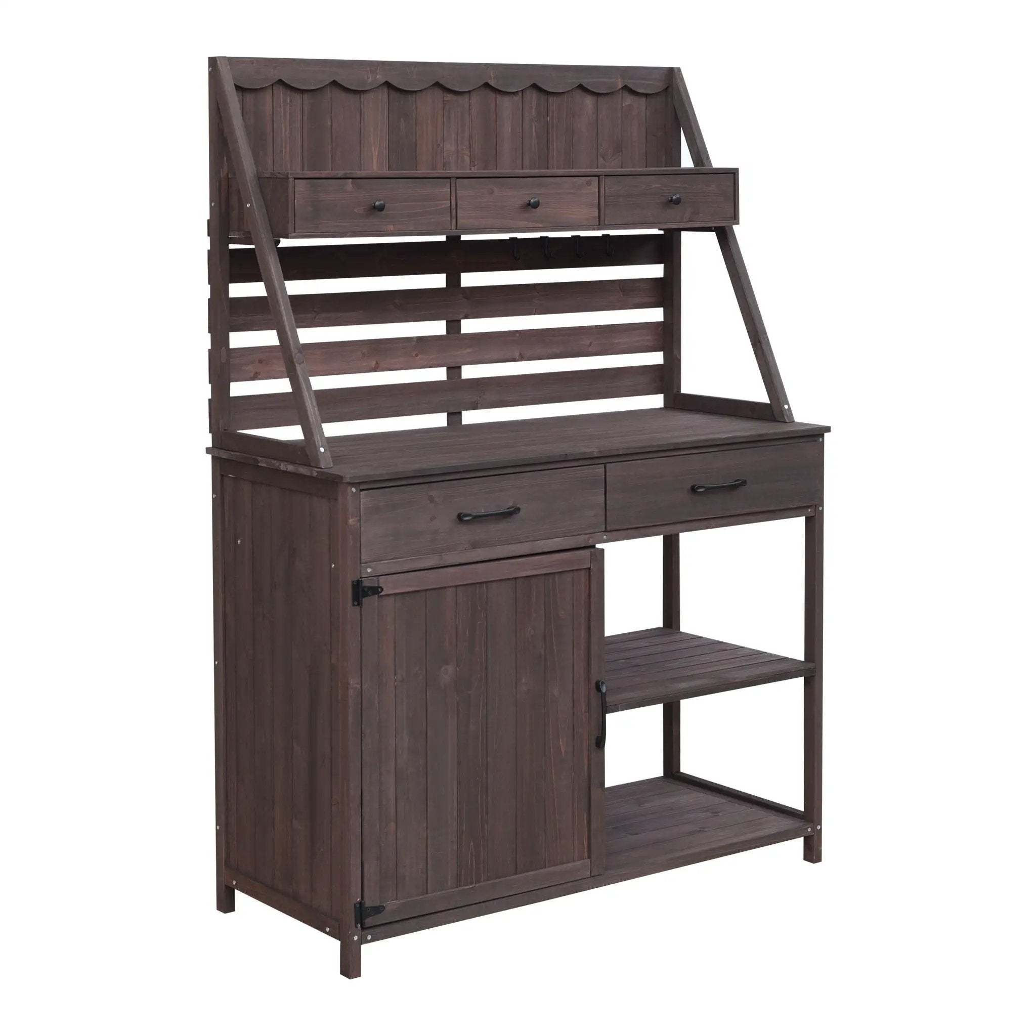 Potting Bench With 5 Drawer Storage And Slatted Back Panel, Garden Workstation - Brown by HouseOfZazla