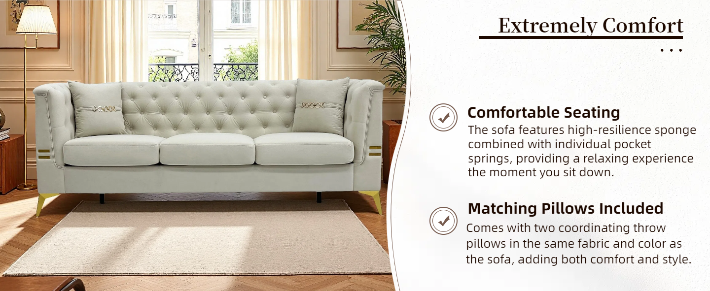 Modern Tufted Velvet Sofa with Gold Accents, 3-Seater by HouseOfZazla
