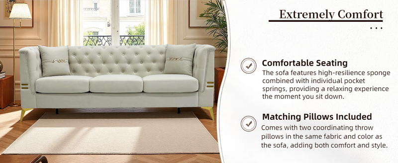 Modern Tufted Velvet Sofa with Gold Accents, 3-Seater by HouseOfZazla