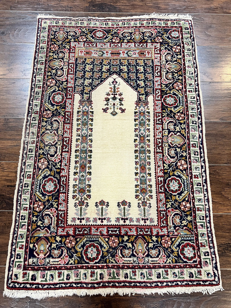 Turkish Prayer Rug 2.5 x 4, Vintage Wool Hand Knotted Carpet, Ivory by Jewel Rugs