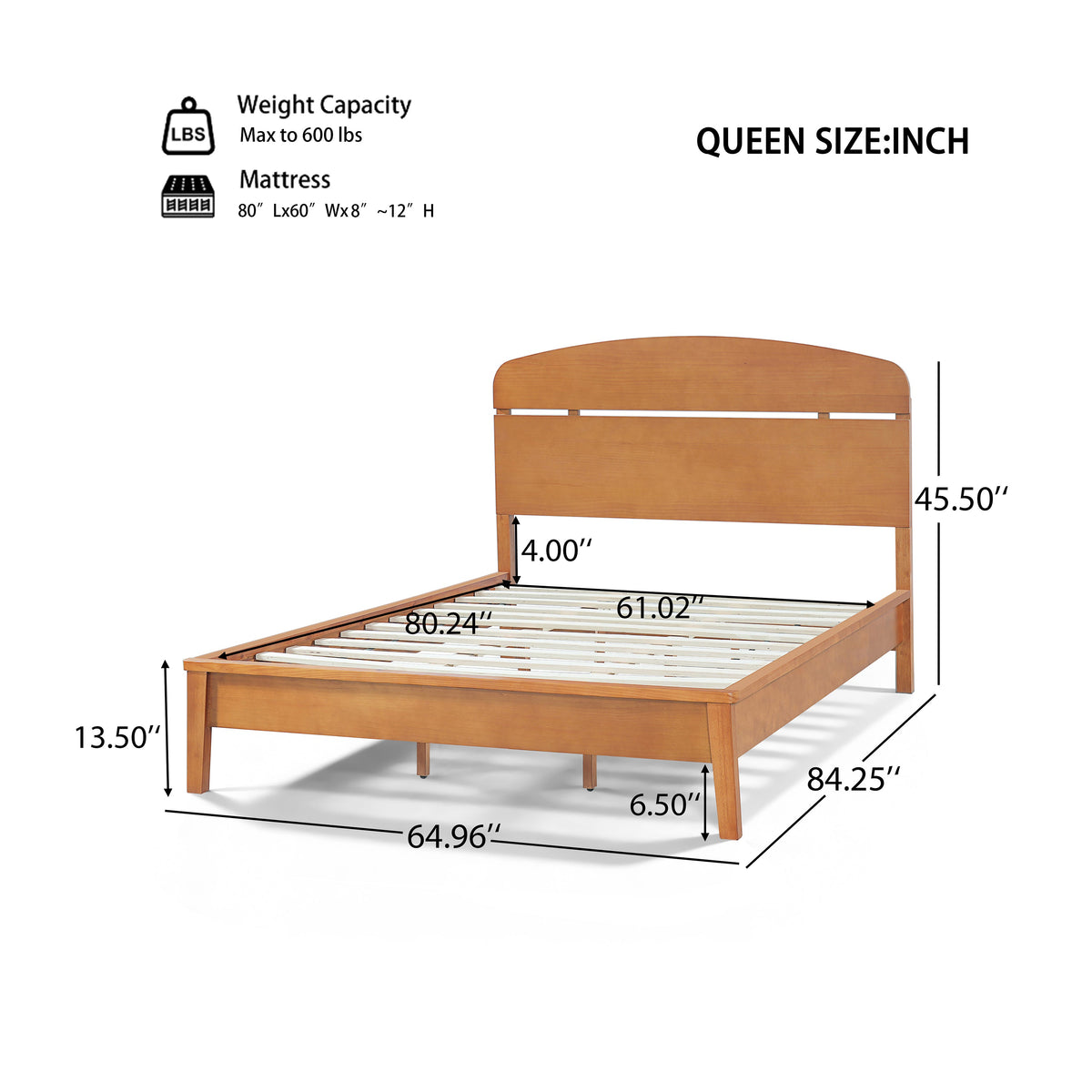 Queen Size Solid Wood Platform Bed with Curved Headboard, photo 6 of 10