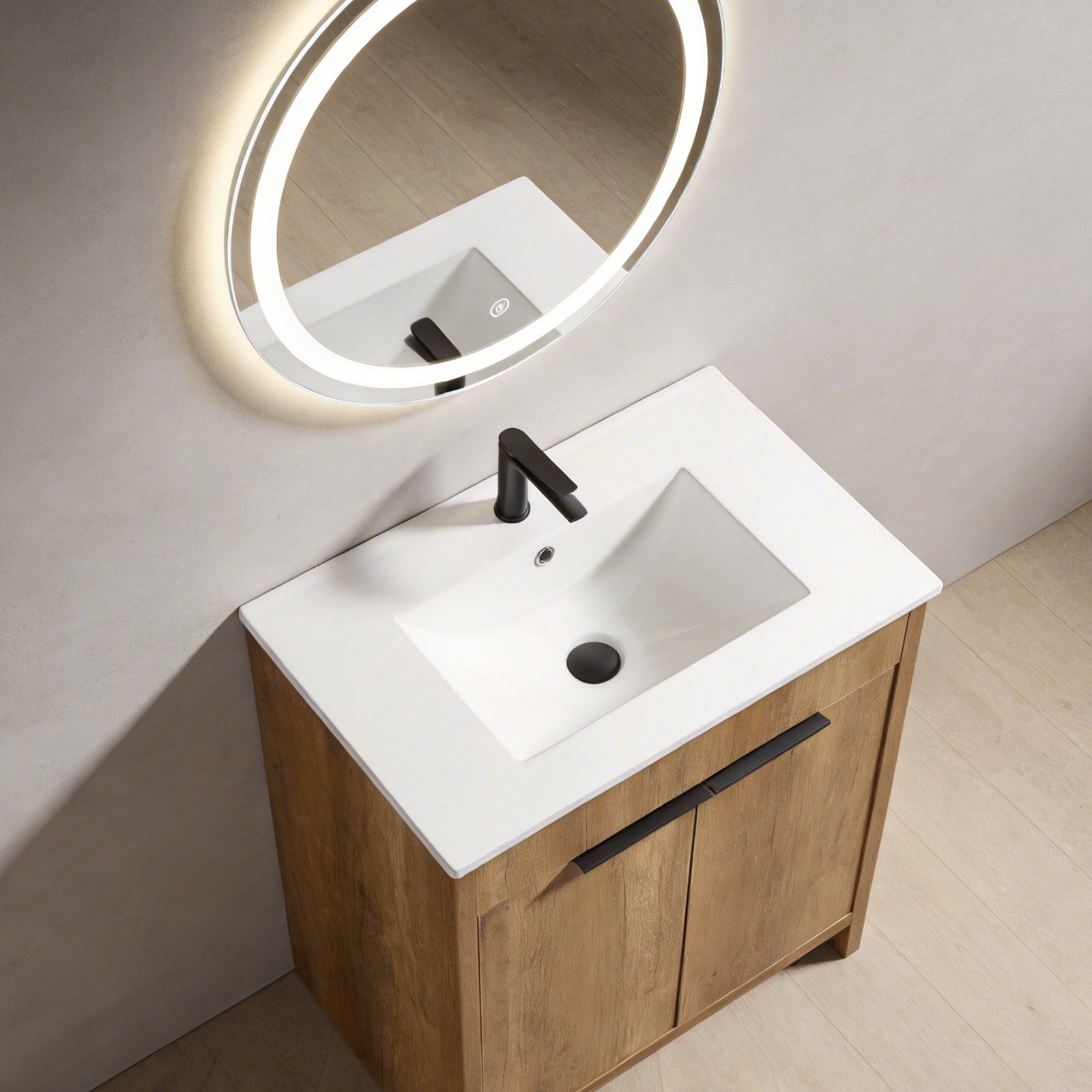 30inch Floor-Standing Bathroom Vanity with 3D Grooved Panel and Integrated Ceramic Sink by HouseOfZazla