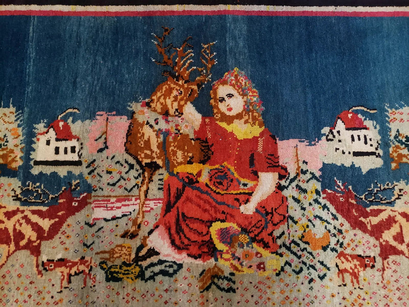 Antique Persian Pictorial Rug 4'6" x 9', Wool Hand-Knotted Blue Roses Karabagh Caucasian Carpet, 1920s Girl Deer Tapestry Wall Hanging Rug by Jewel Rugs