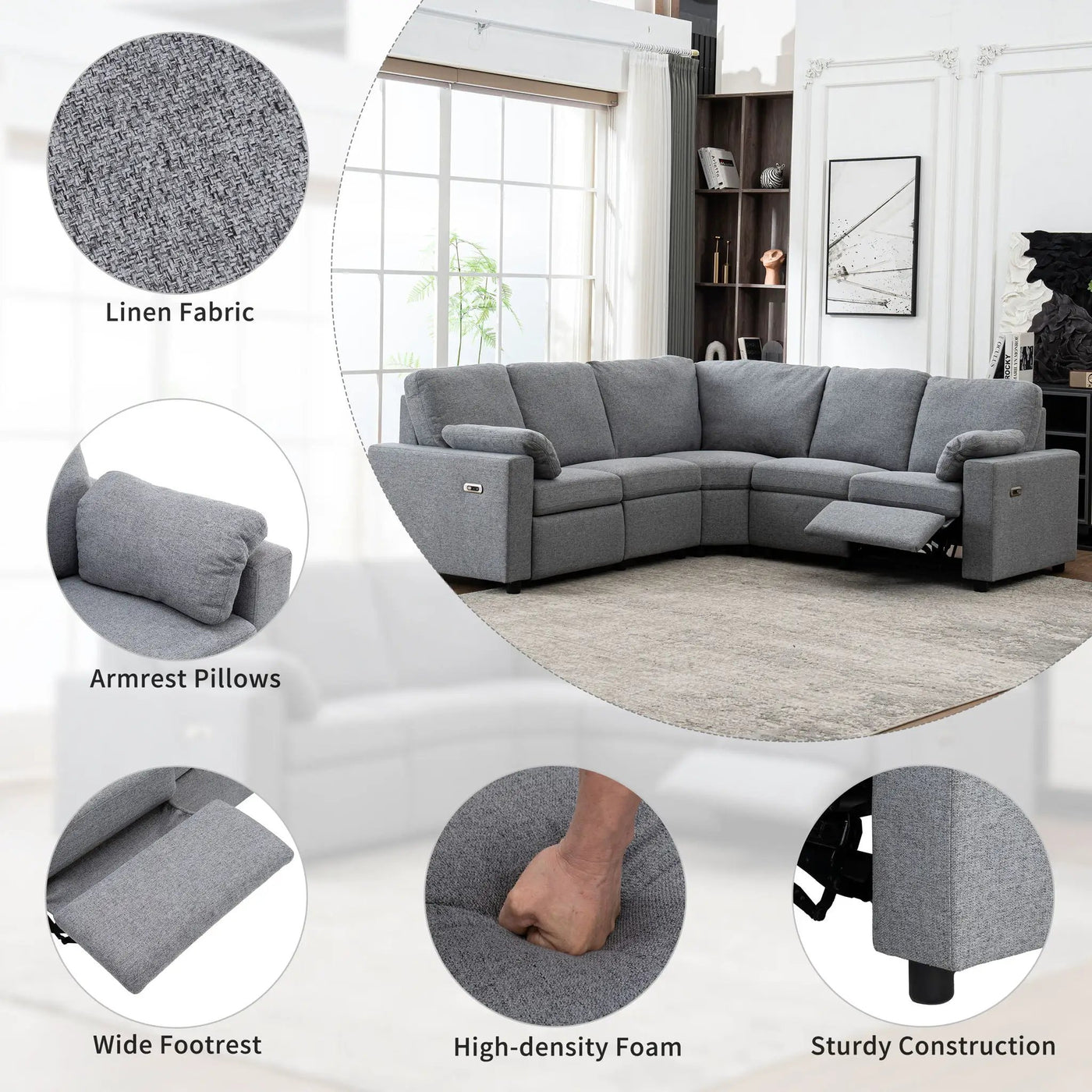 Power Recliner Sectional Sofa Home Theater Reclining Sofa With Two USB Ports, Two Storage Drawers For Living Room by HouseOfZazla