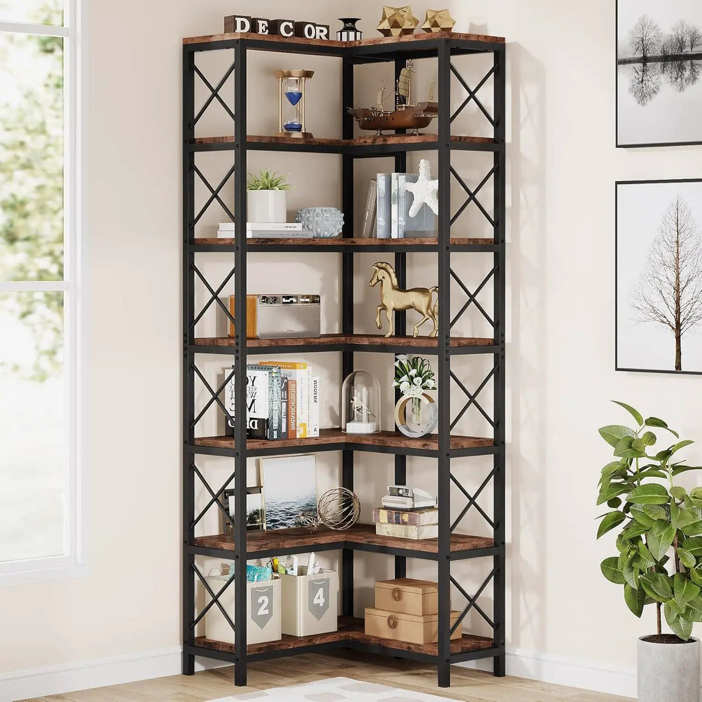 7 Tier Corner Bookshelf, Storage Unit For Living Room by HouseOfZazla