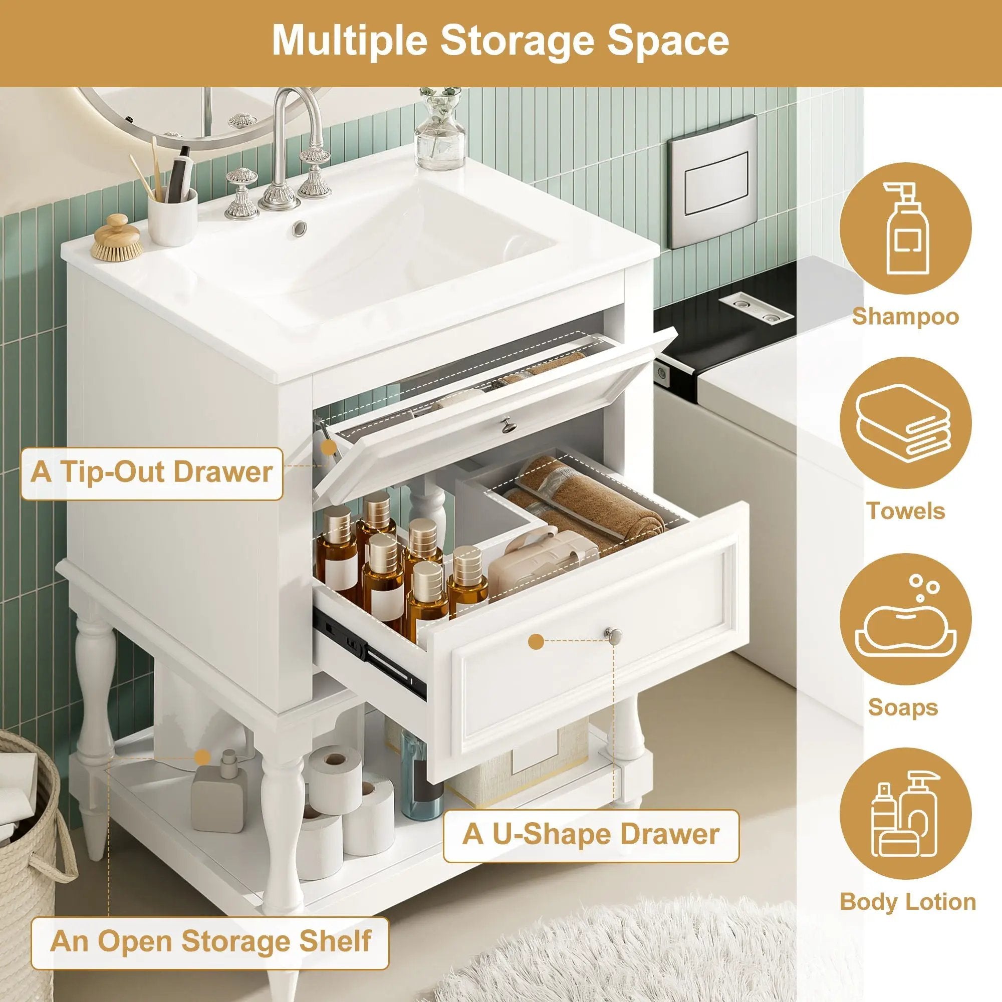 Bathroom Vanity With Sink, 2 Drawers Storage Cabinet, Open Shelf by Unique Piece Furniture