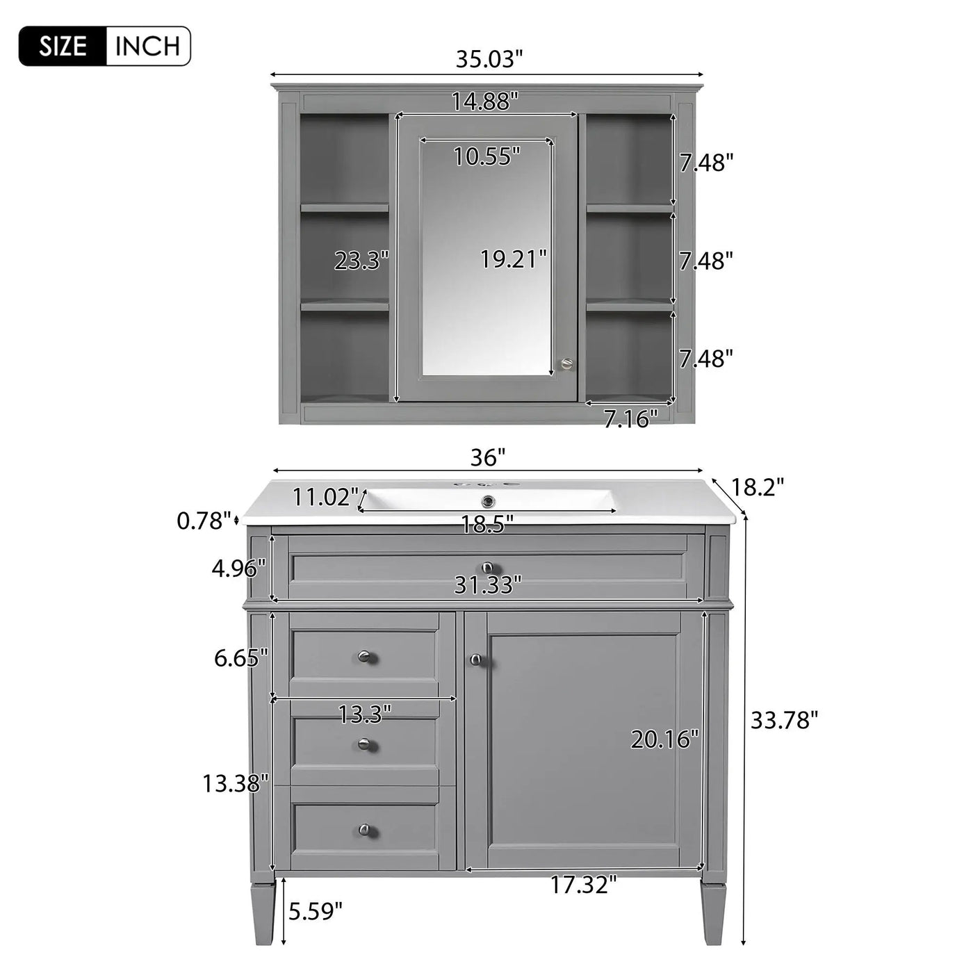 Bathroom Vanity With Mirror Cabinet, Single Sink With 2 Soft Closing Doors And 4 Drawers by HouseOfZazla