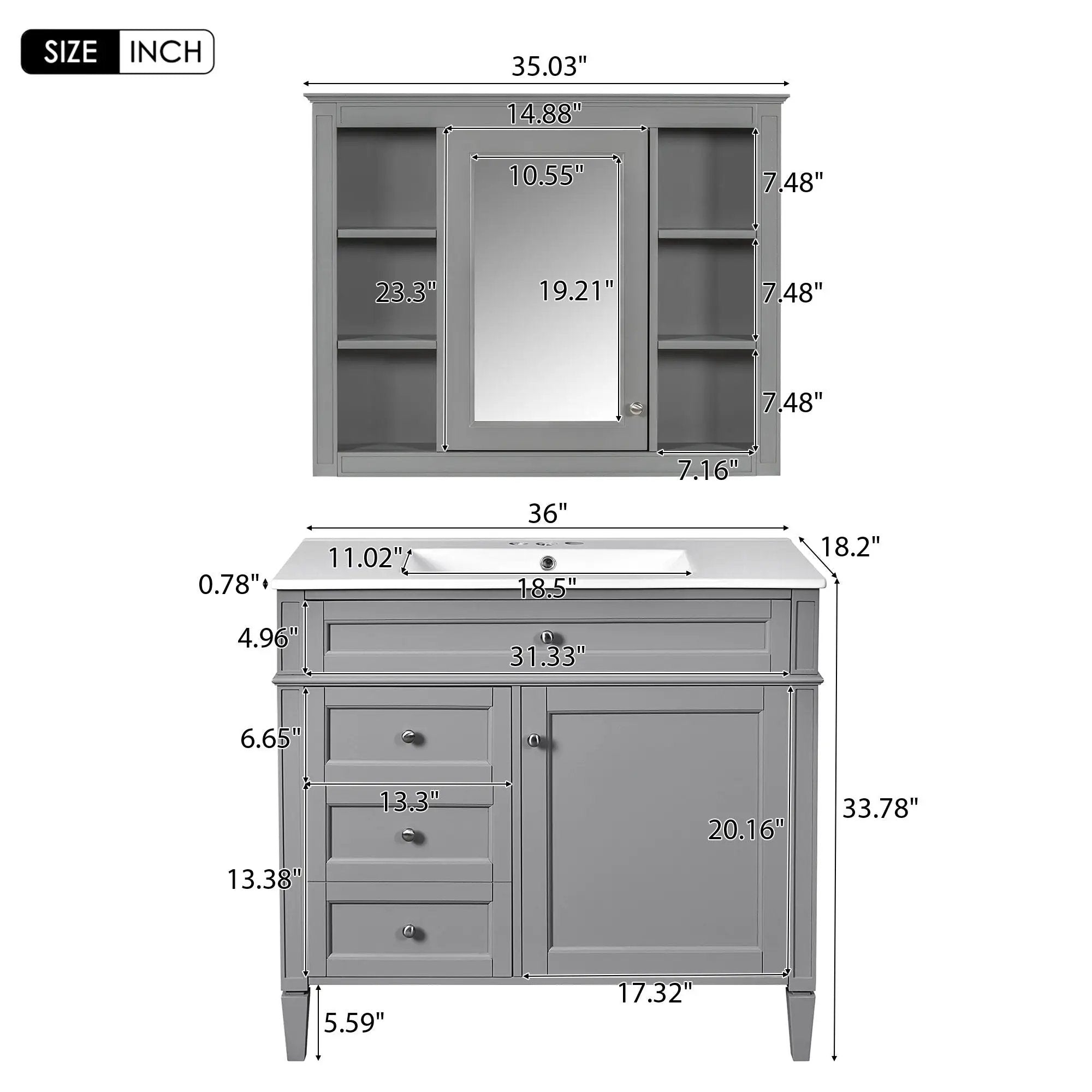 Bathroom Vanity With Mirror Cabinet, Single Sink With 2 Soft Closing Doors And 4 Drawers by HouseOfZazla