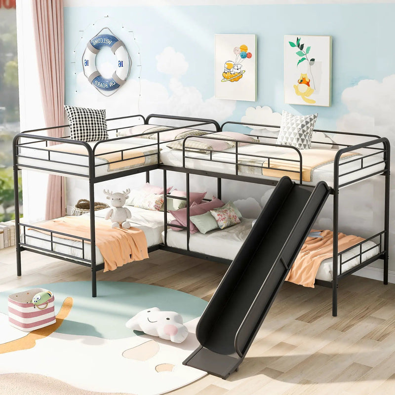 Mission Style Twin Size L-Shaped Bunk Bed With Slide And Ladder - Black by HouseOfZazla