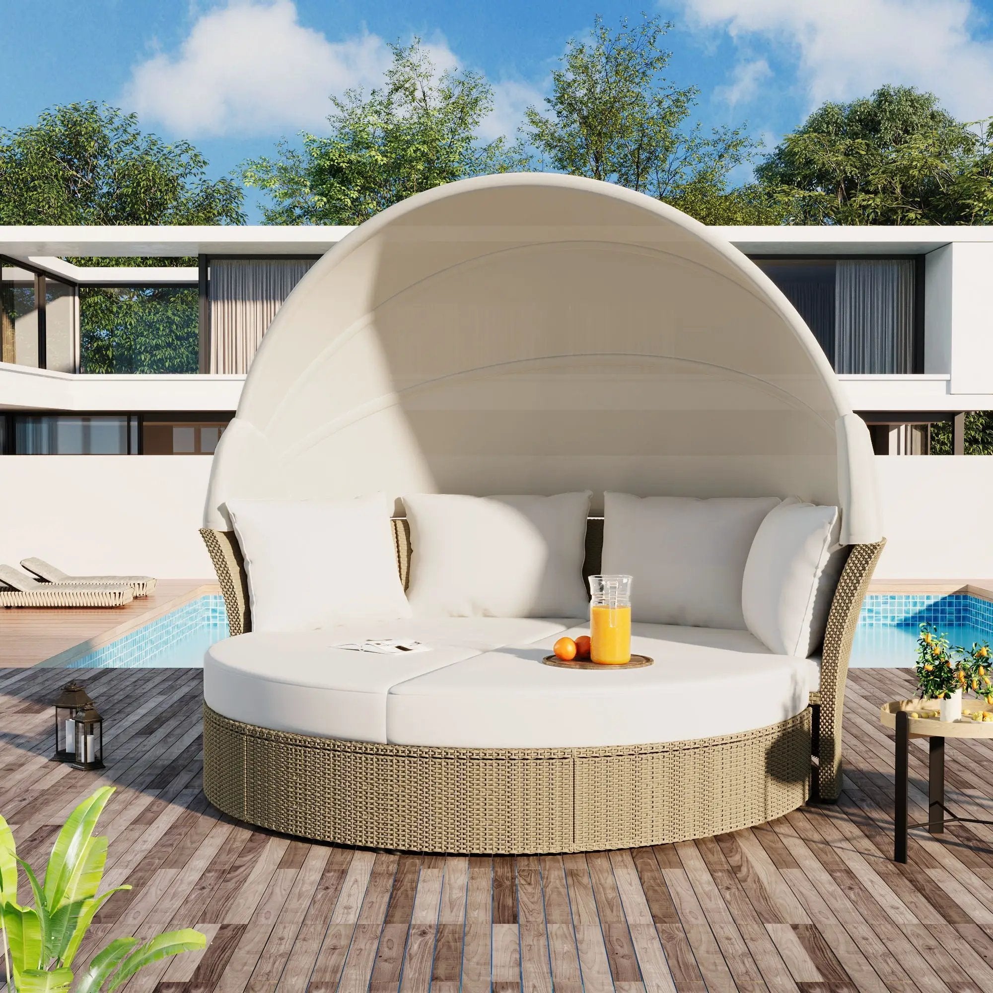 Outdoor Patio Daybed Wicker Rattan Double Daybed Round Sofa Furniture Set With Retractable Canopy, 4 Pillows For Lawn Garden by HouseOfZazla