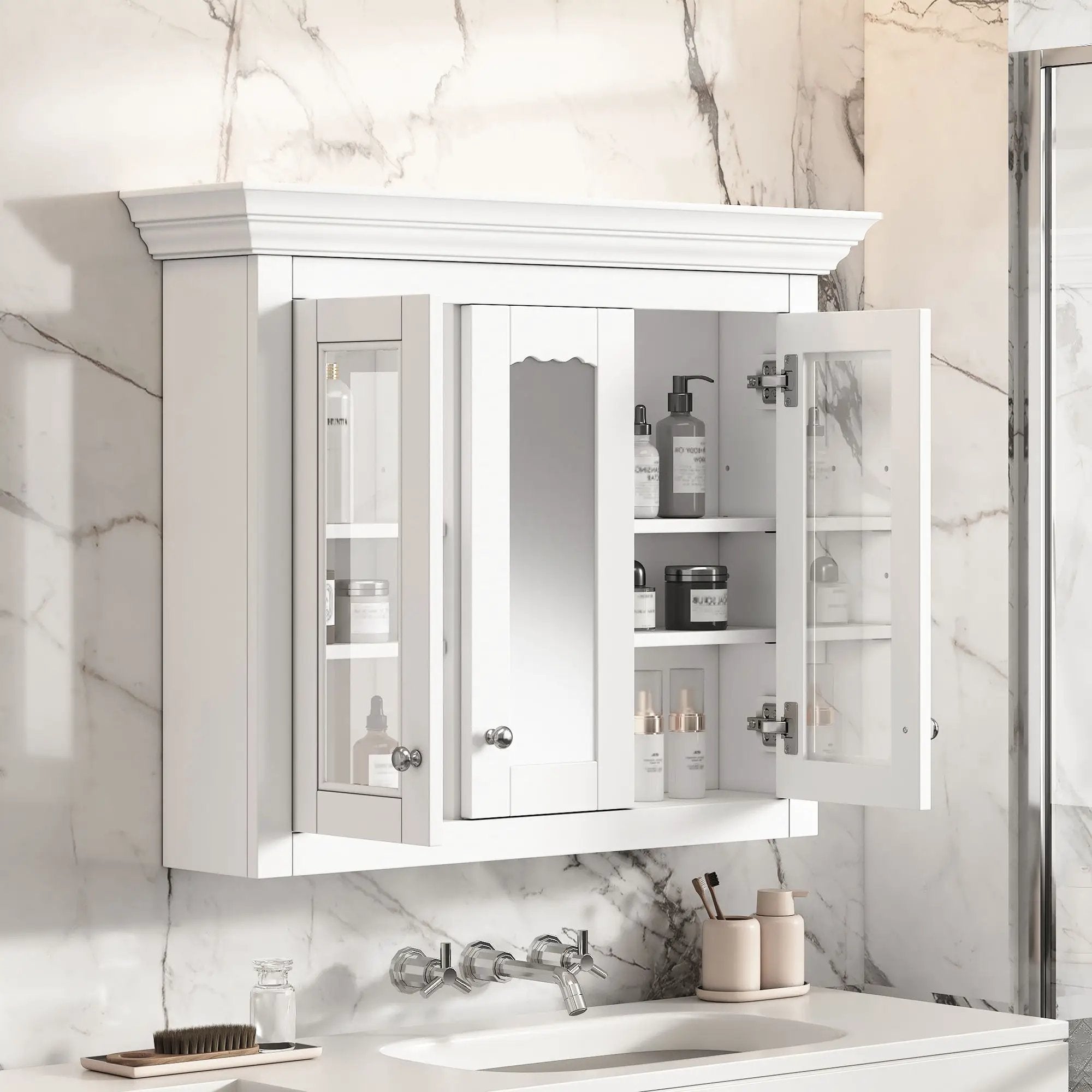 Bathroom Medicine Cabinet With Mirror, 5 Adjustable Closed Shelves, Wall-Mounted - White by Unique Piece Furniture