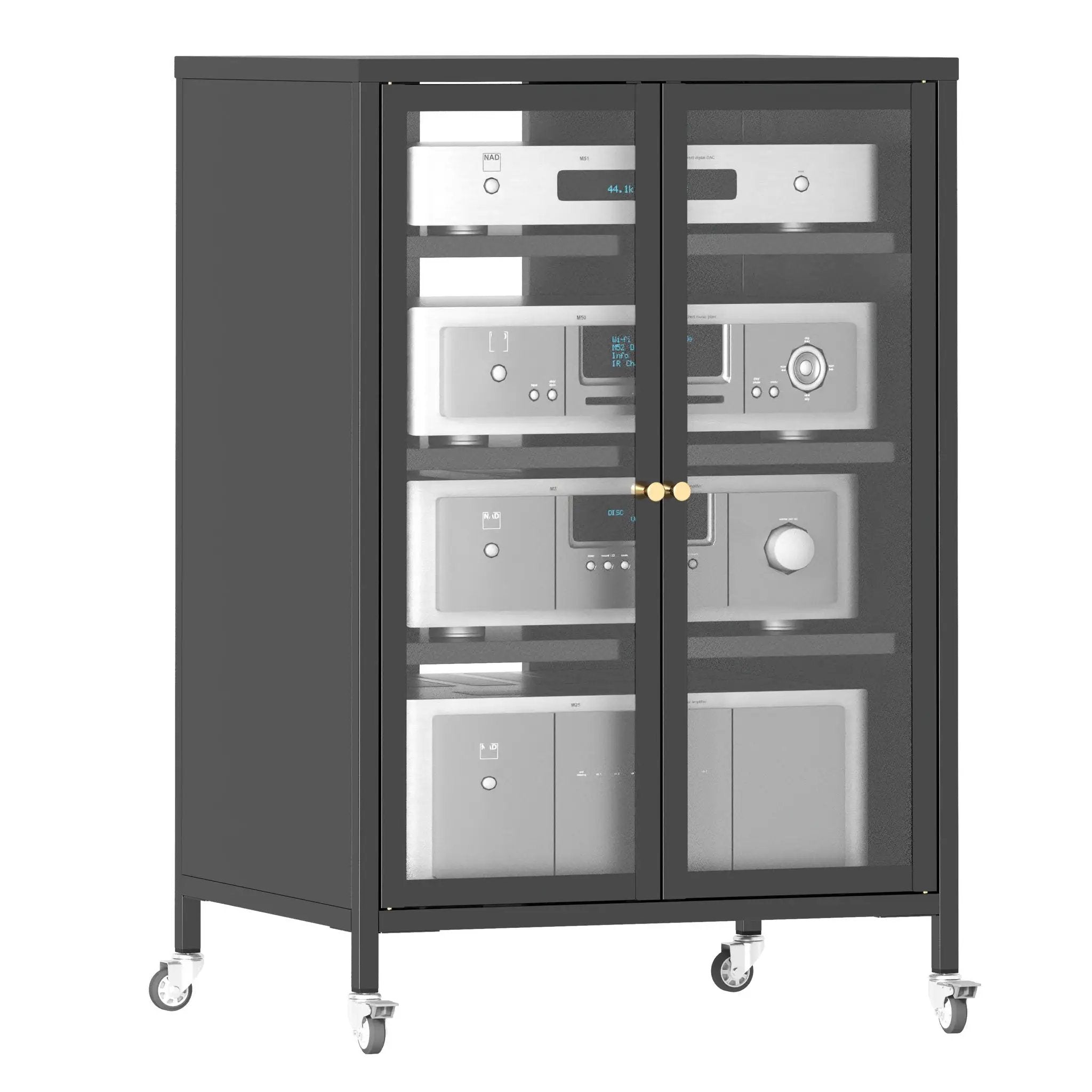 Media Storage Cabinet With Wheels, 4 Adjustable Glass Shelves & Door, Heavy-Duty - Black by HouseOfZazla