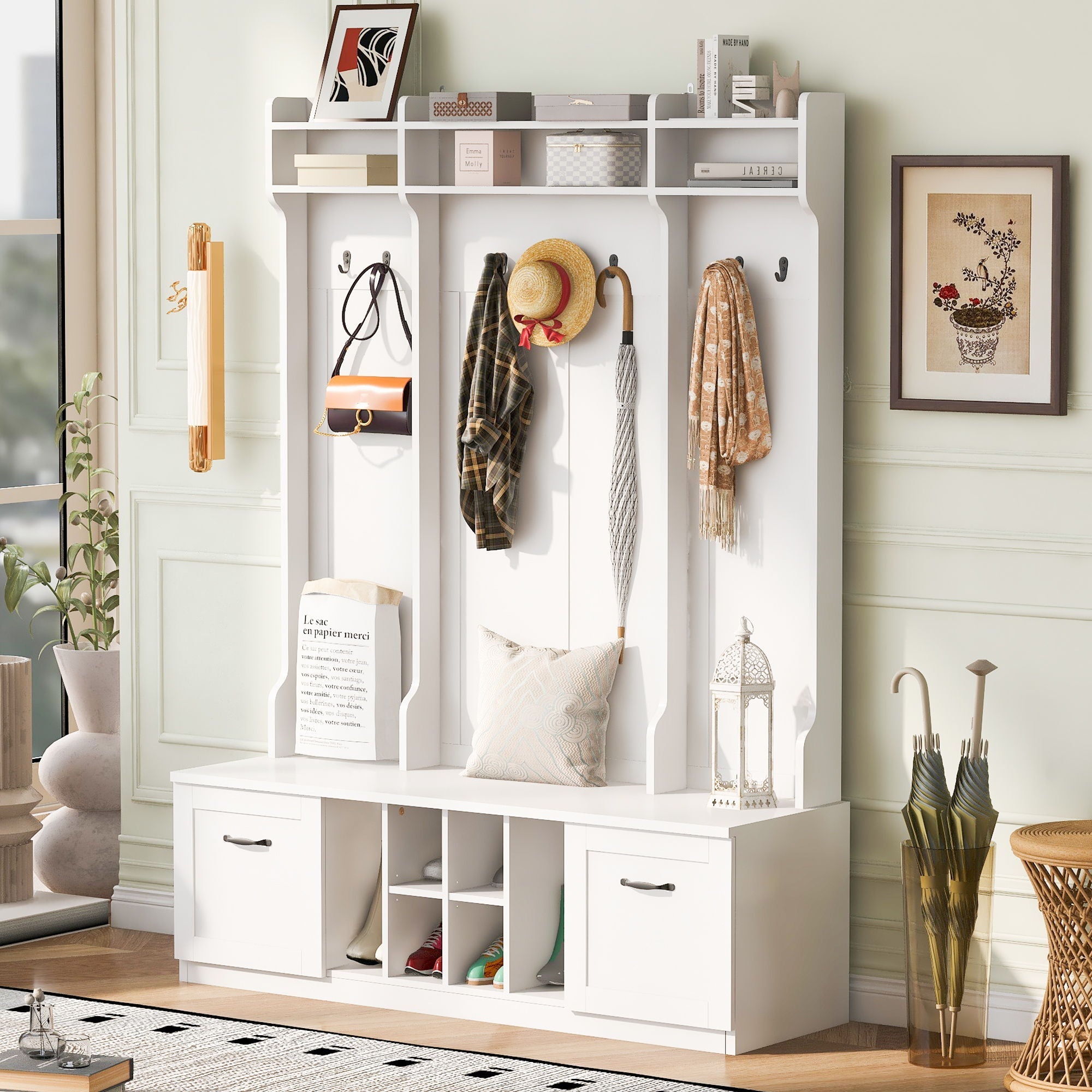 5 In 1 Entryway Bench With Coat Rack, 7 Sturdy Hooks, 2 Spacious Drawers And Adjustable Shelves by HouseOfZazla