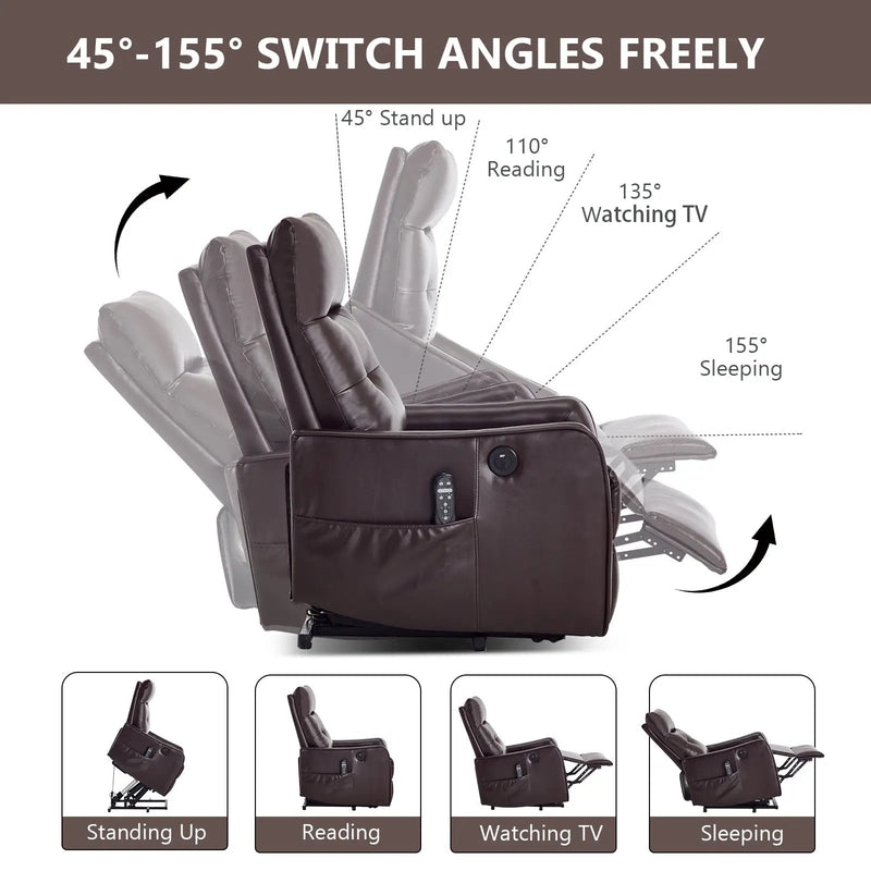 Brown PU Single Motor Power Lift Recliner Chair with Massage & Heat by HouseOfZazla