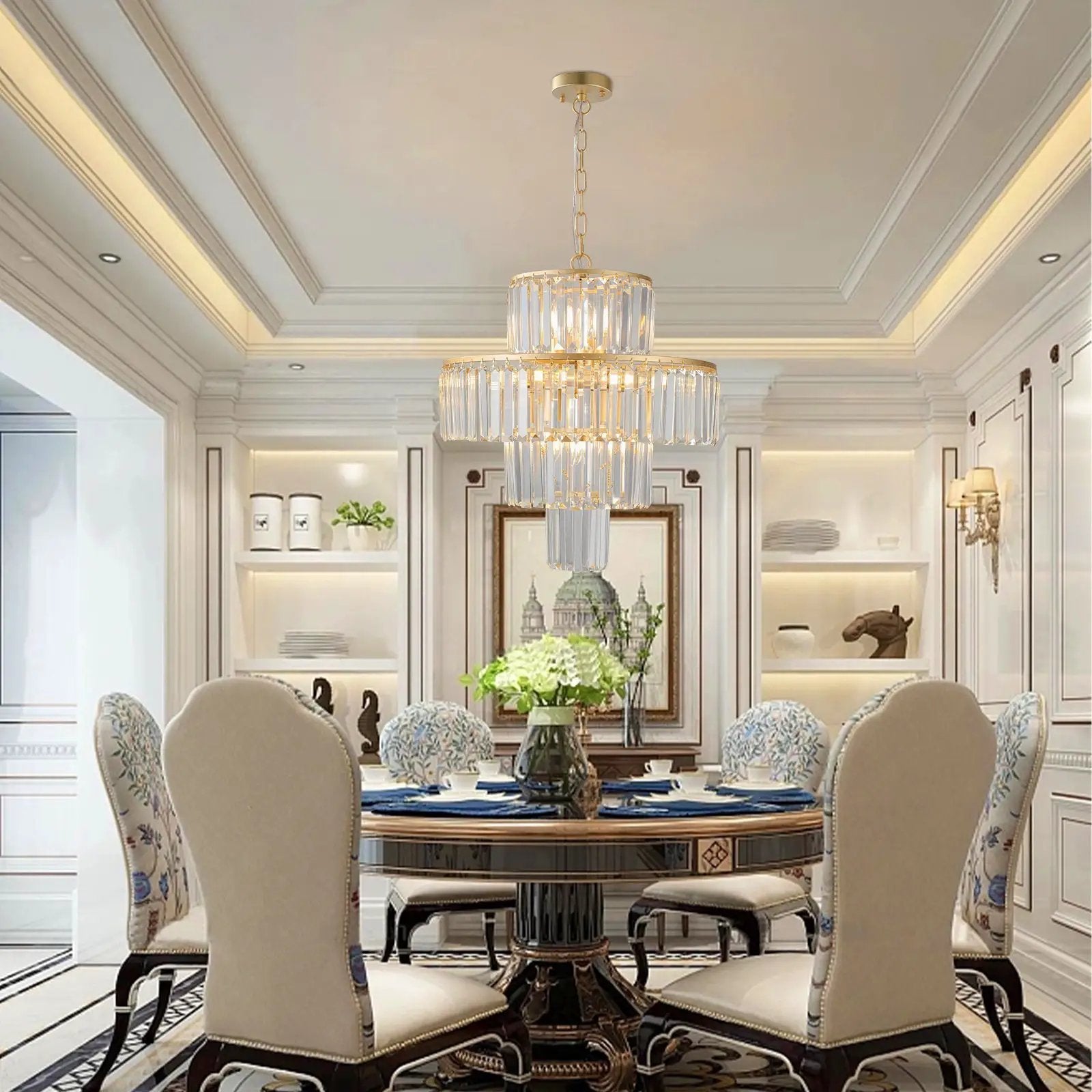(Same as W1340126461/L5023) 20' Luxury 4-Tier Crystal Chandelier, 12-Light Gold Frame Pendant Light, Elegant Ceiling Lighting for Living Room, Dining Room, Bedroom (No Bulbs) by HouseOfZazla