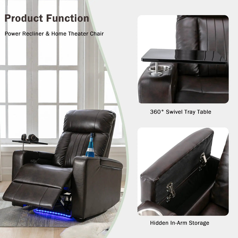 Power Recliner With Storage Arms, Cupholders, Swivel Tray Table And Cell Phone Stand - Brown by HouseOfZazla