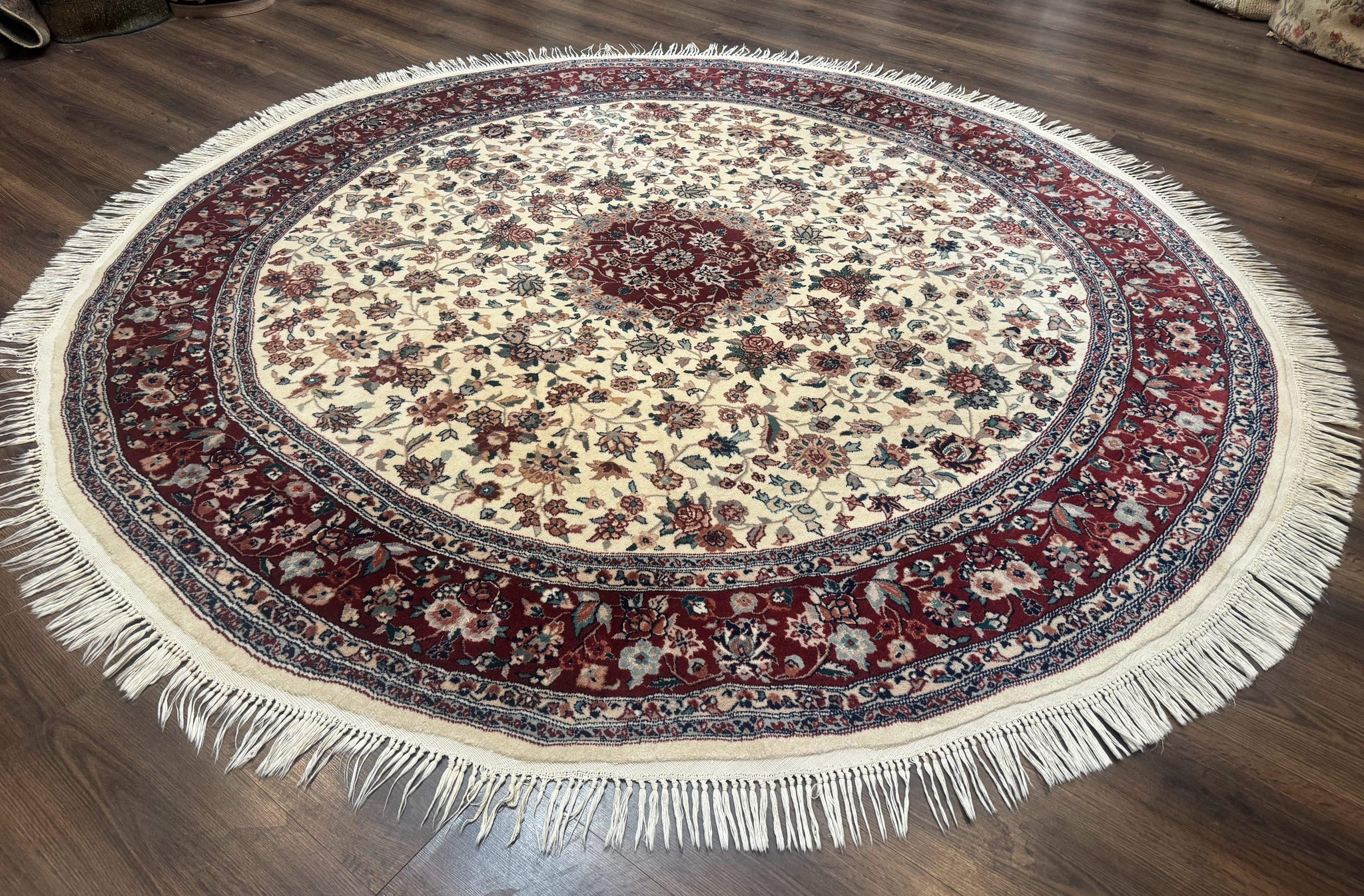 Round Sino Persian Rug 8x8, Wool and Silk, Floral Medallion, Ivory Dark Red by Jewel Rugs