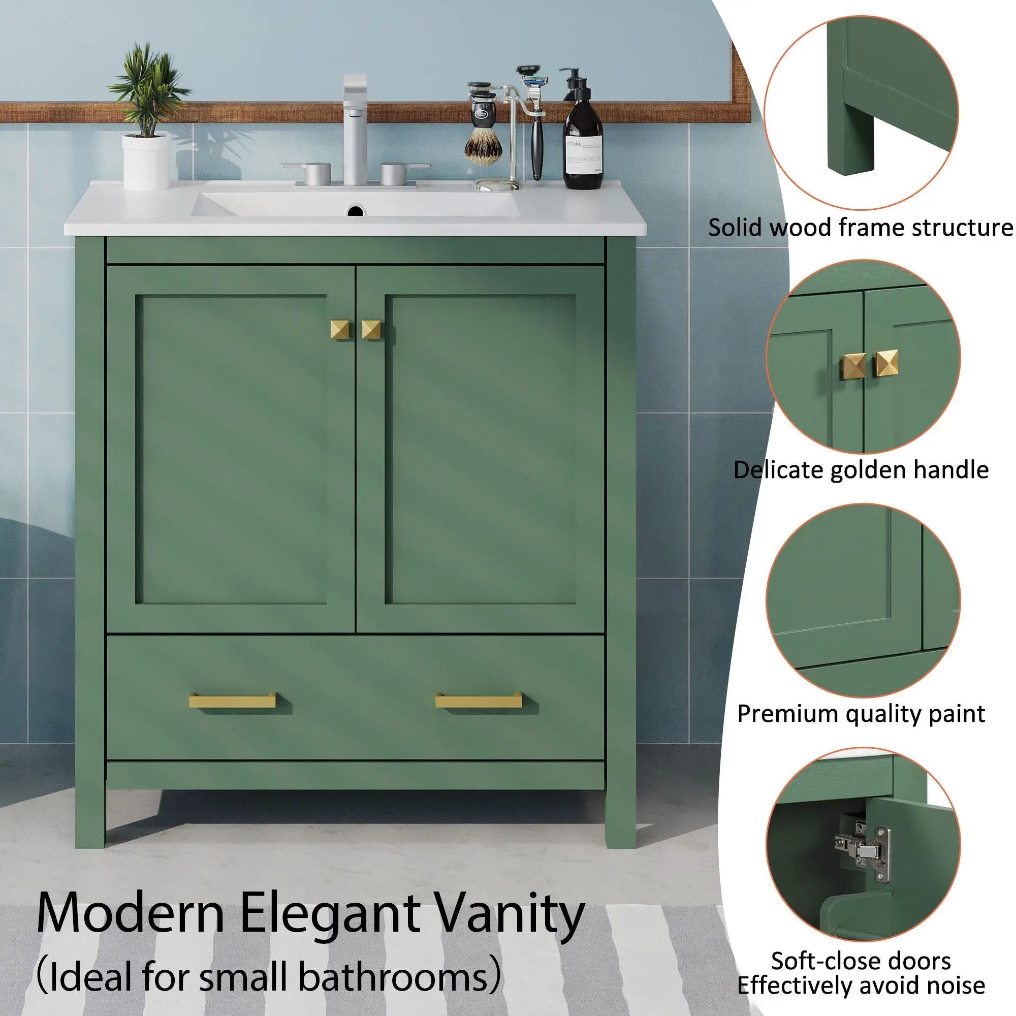 Bathroom Vanity With Single Sink, Combo Cabinet Undermount Sink, Bathroom Storage Cabinet With 2 Doors And A Drawer, Soft Closing, Multifunctional Storage, Solid Wood Frame by Unique Piece Furniture
