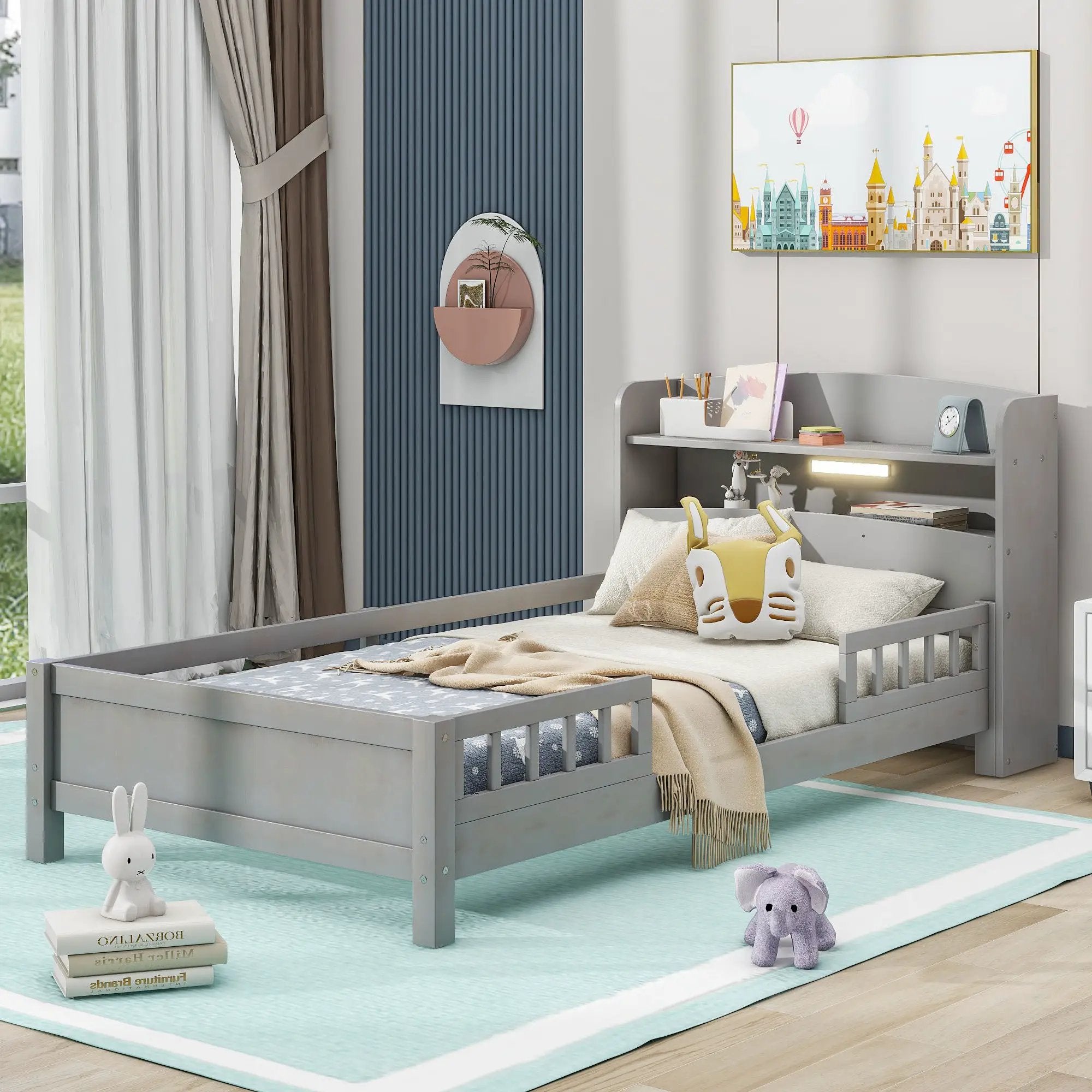 Wood Platform Bed With Built In LED Light, Storage Headboard And Guardrail by Unique Piece Furniture