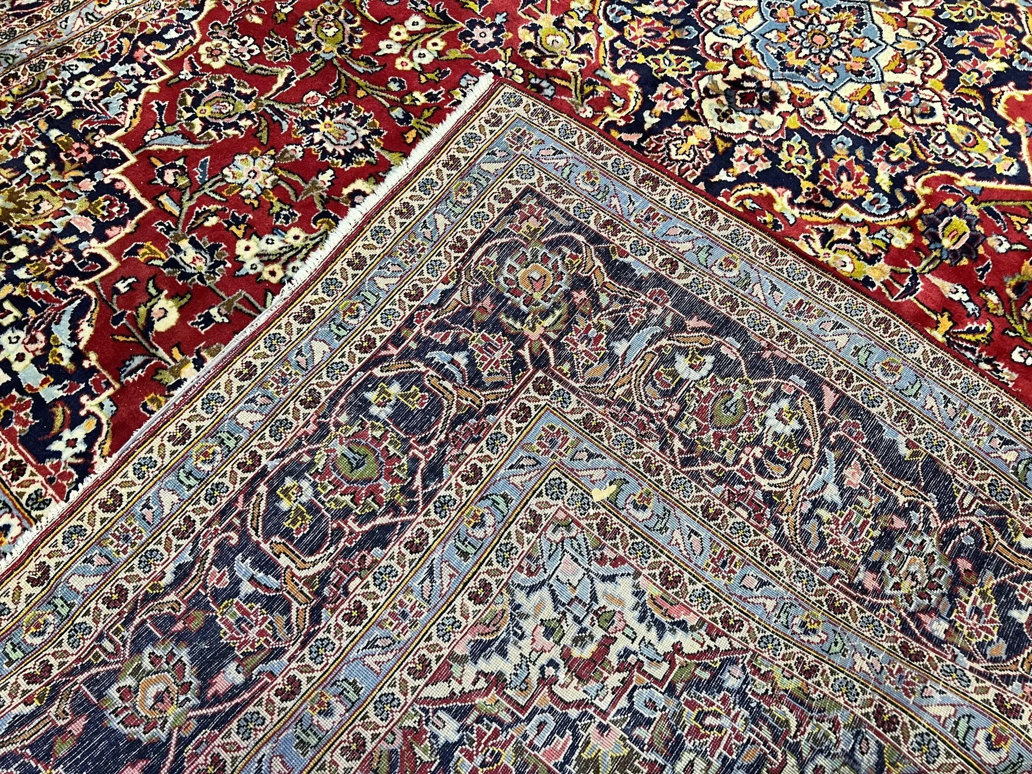 Persian Kashan Rug 9x12, Red Navy Blue, Allover Floral Medallion & Corner Design, Handmade Wool Oriental Carpet, Semi Antique Traditional Carpet by Jewel Rugs