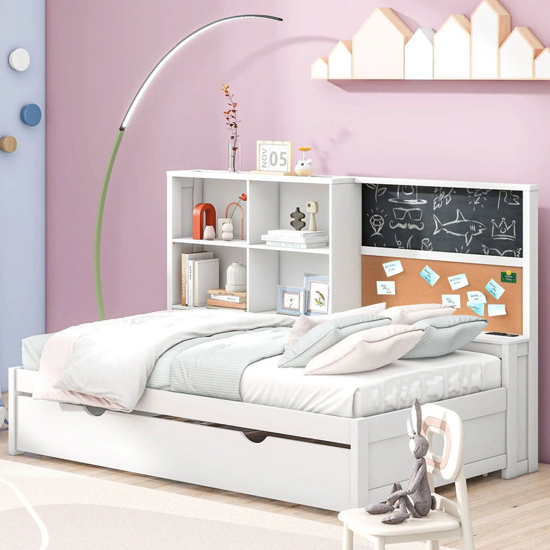 Twin Size Daybed With Storage Shelvesboard, Cork Board, USB Ports And Trundle - White by HouseOfZazla
