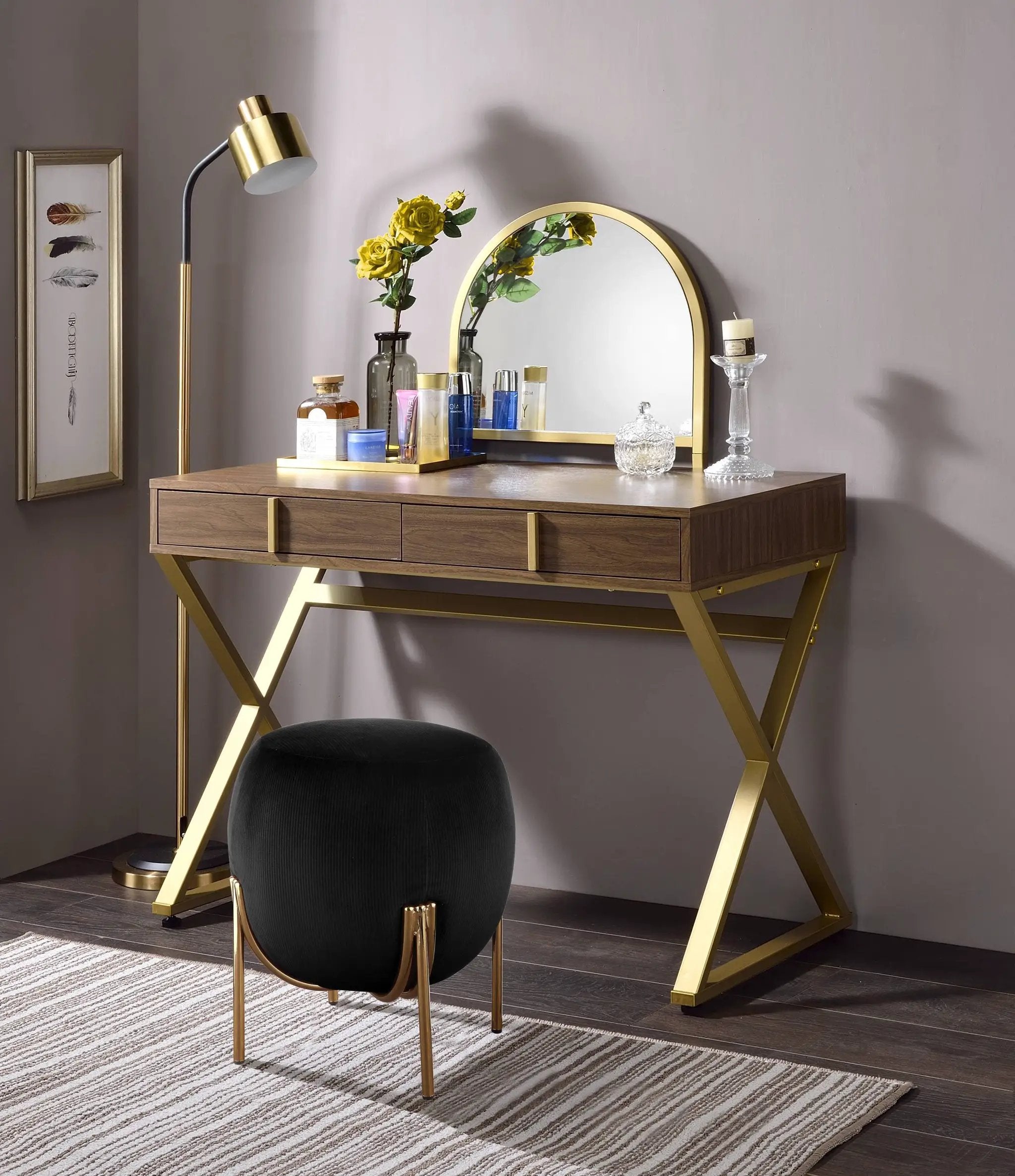Coleen Walnut & Gold Finish Vanity Desk with Mirror & Jewelry Tray by HouseOfZazla