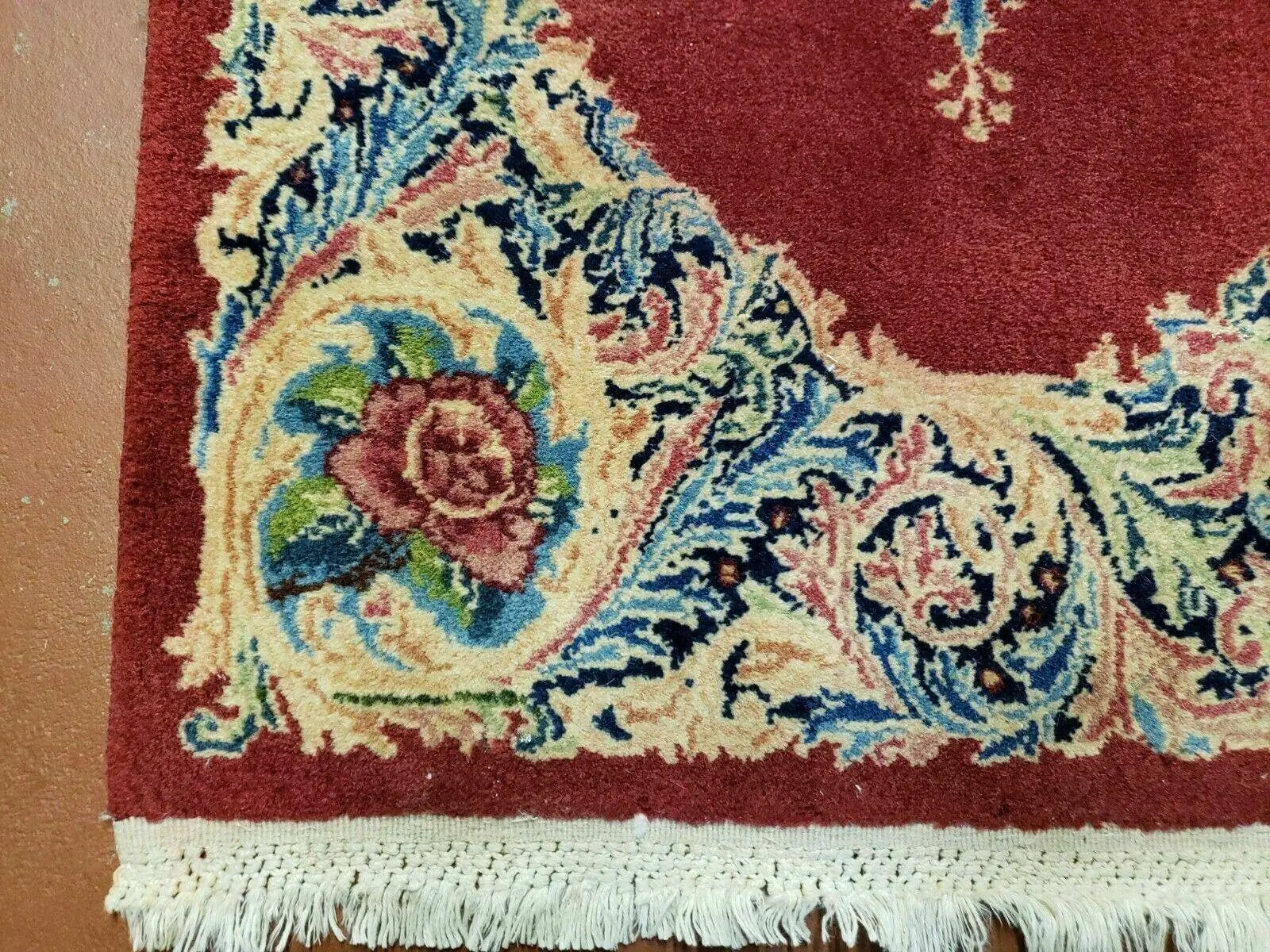 Small Persian Kirman Rug 2x4, Wool Oriental Vintage Handmade Carpet, Hand Knotted Floral Medallion, Red & Beige, Semi Open Field by Jewel Rugs