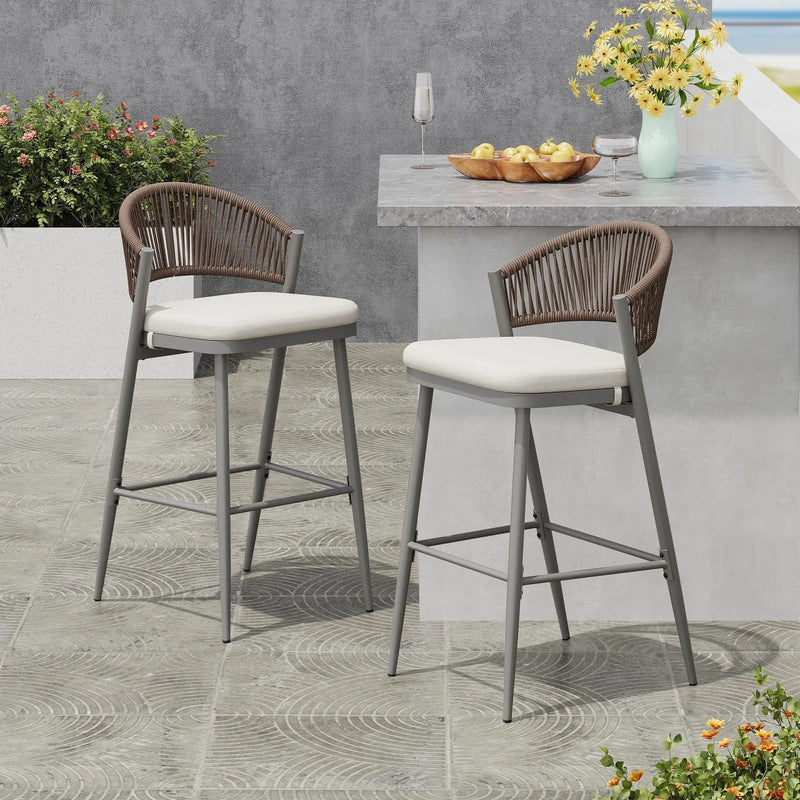 Outdoor Bar Height Metal Frame Counter Stools with Scallop-Shaped Backrest & Water-Resistant Cushions by HouseOfZazla