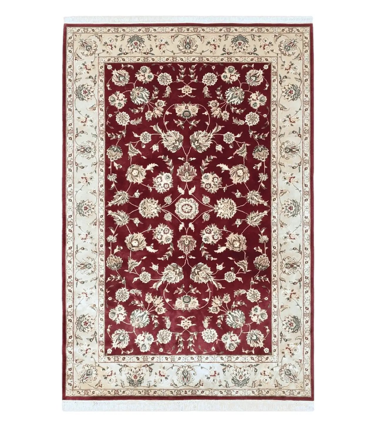 Vintage Traditional Oriental Area Rug, Hand-Knotted, Wool & Silk Accents, Maroon Red and Beige, 6x9 Carpet, 5' 9" x 9' by Jewel Rugs