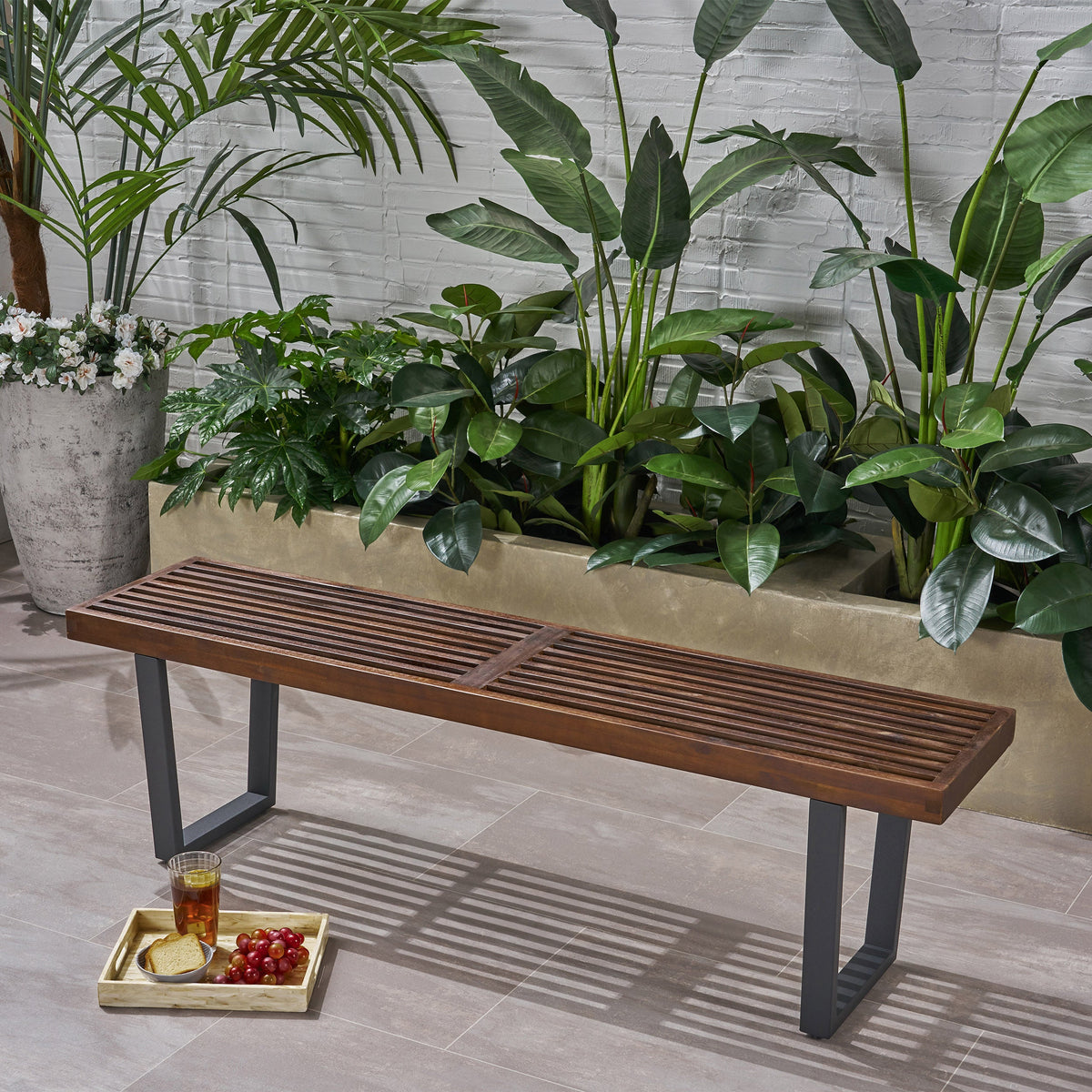 Modern Acacia Wood Patio Dining Bench with Iron Legs - Natural Wood/Iron, photo 3 of 9
