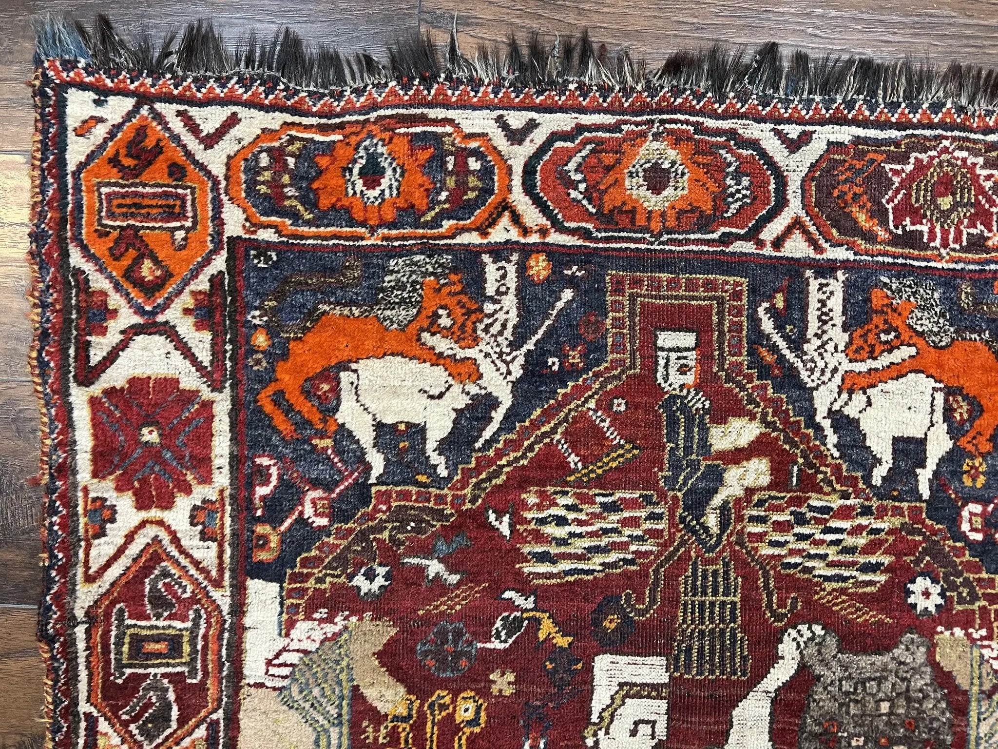 Antique Persian Shiraz Pictorial Rug 3.6 x 5, Persian Tribal Rug, Handmade, Lions, Highly Unique Collectible Small Persian Carpet, Maroon, Wool by Jewel Rugs