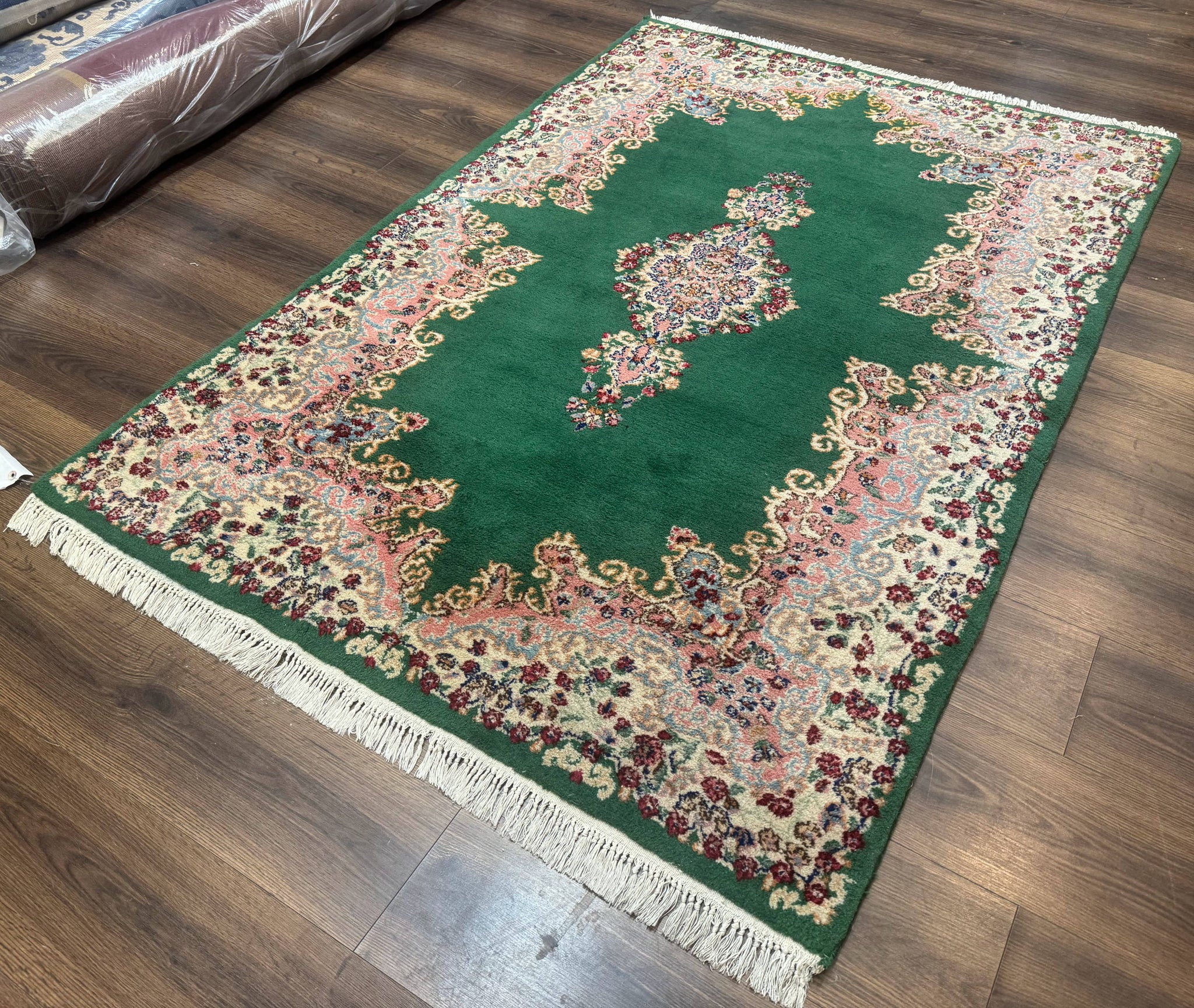 Green Persian Kerman Rug 4x6, Semi Open Field, Green & Cream, Vintage by Jewel Rugs