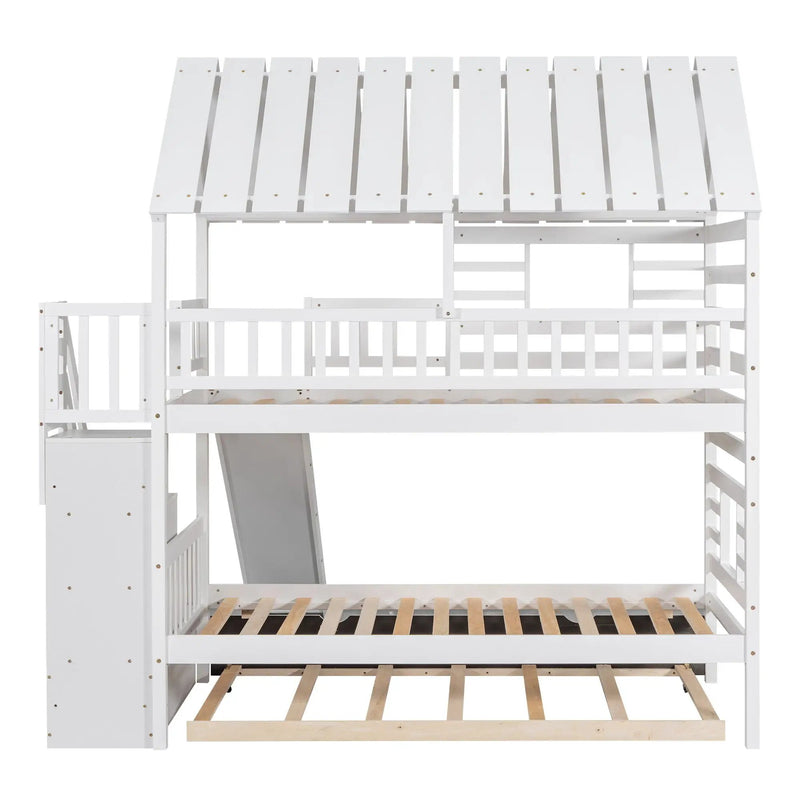House Bunk Bed With Trundle, Storage Staircase, Roof And Window Design by HouseOfZazla