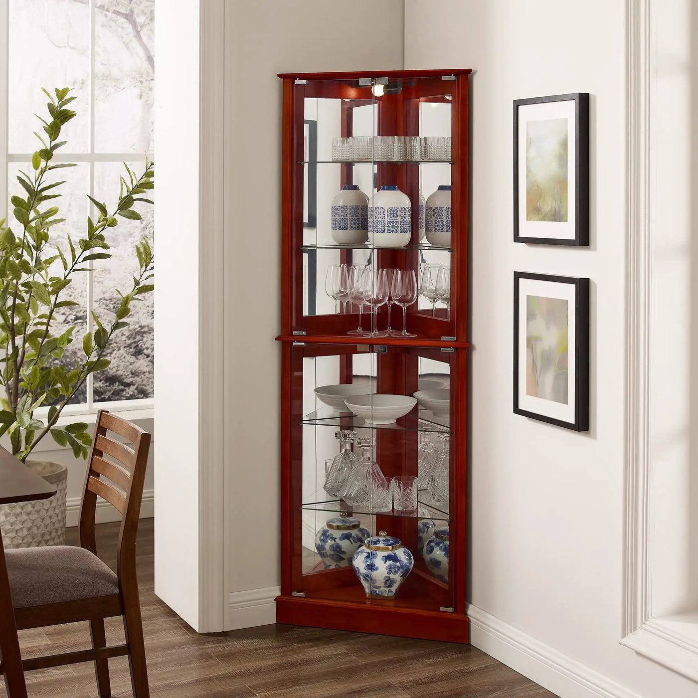 Corner Curio Dispaly Cabinet With Lights, Adjustable Tempered Glass Shelves, Mirrored Back (E26 Light Bulb Not Included) by HouseOfZazla