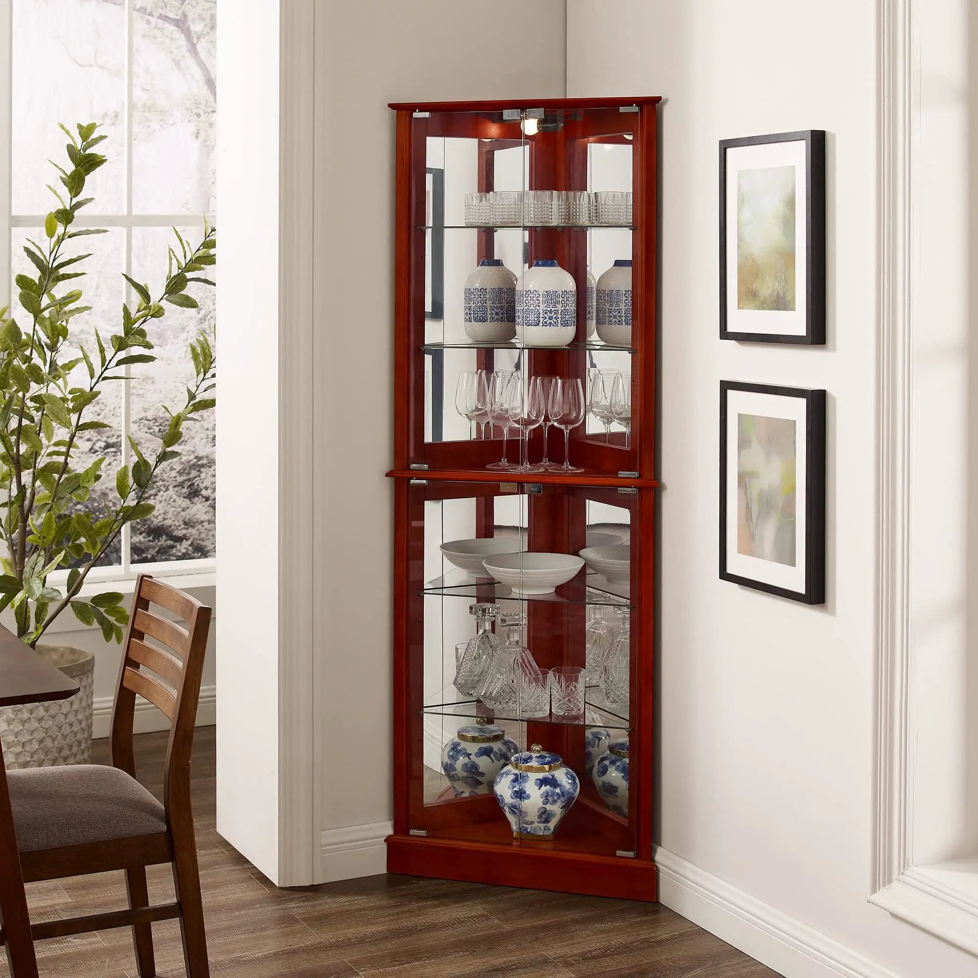 Corner Curio Dispaly Cabinet With Lights, Adjustable Tempered Glass Shelves, Mirrored Back (E26 Light Bulb Not Included) by HouseOfZazla