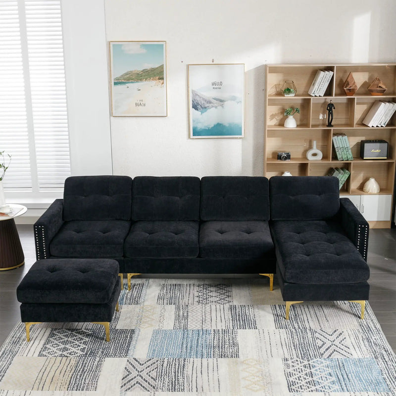 Modern L - Shape Convertible Sectional Sofa With Movable Ottoman