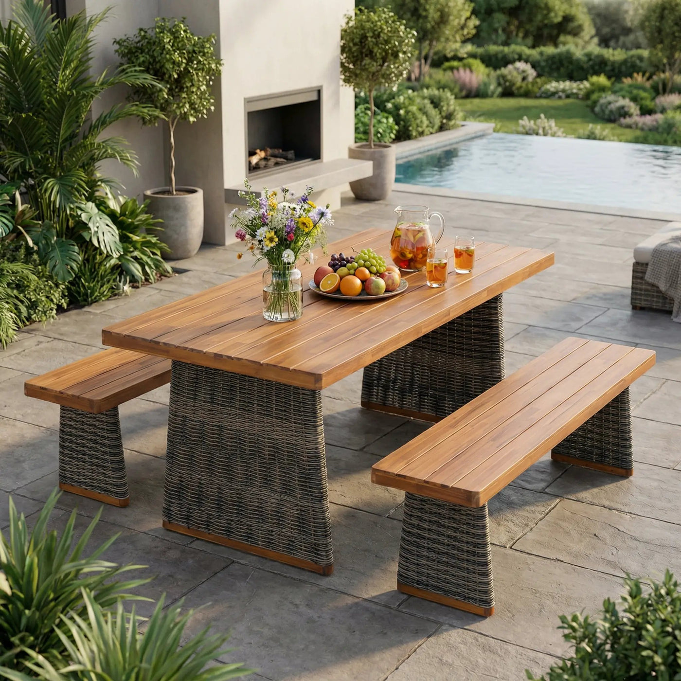 Outdoor 3 Piece Acacia Wood Dining Set with Handwoven Rattan Legs by HouseOfZazla