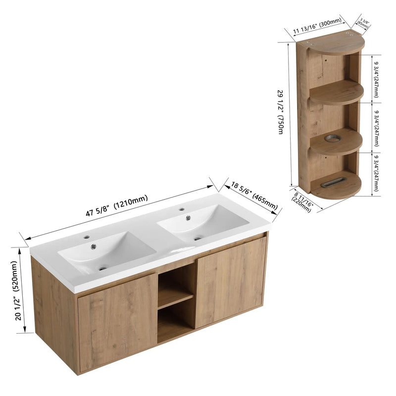 48" Wall Mounted Bathroom Vanity With Double Resin Sink And Storage Rack Soft Close Doors Plywood Construction - Imitative Oak by Unique Piece Furniture