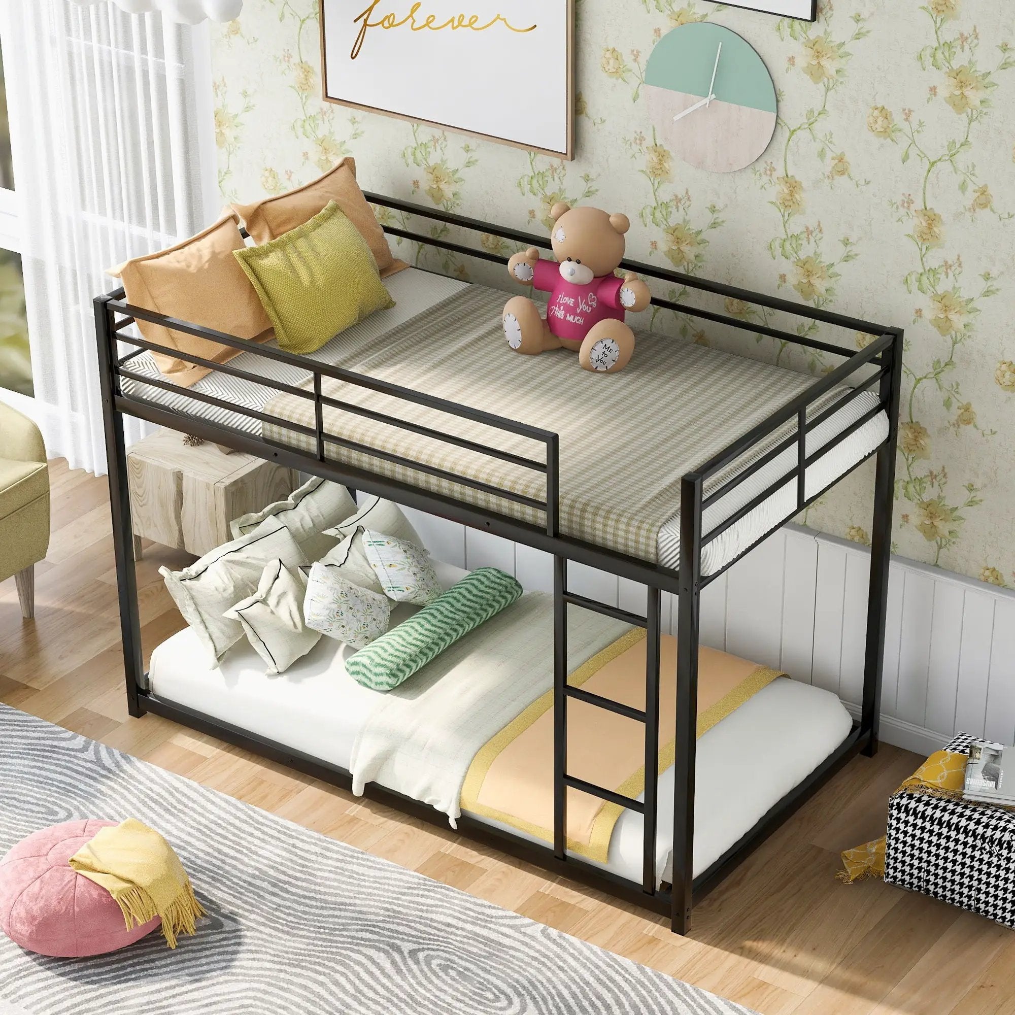Metal Bunk Bed, Low Bunk Bed With Ladder by HouseOfZazla