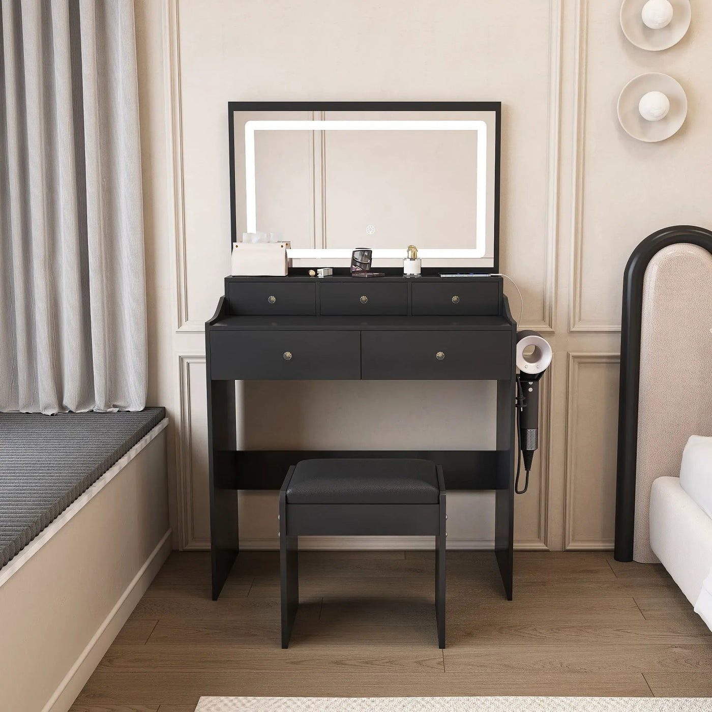 Modern Makeup Vanity Set With Power Outlet, Hair Dryer Holder, And Adjustable Lighting by Unique Piece Furniture