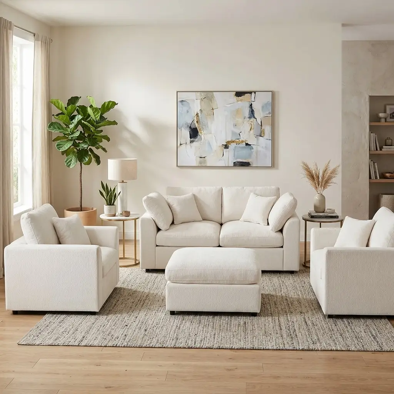 U-Style 4-Piece Sofa Set, 2 Accent Chairs + Loveseat + Movable Ottoman by HouseOfZazla