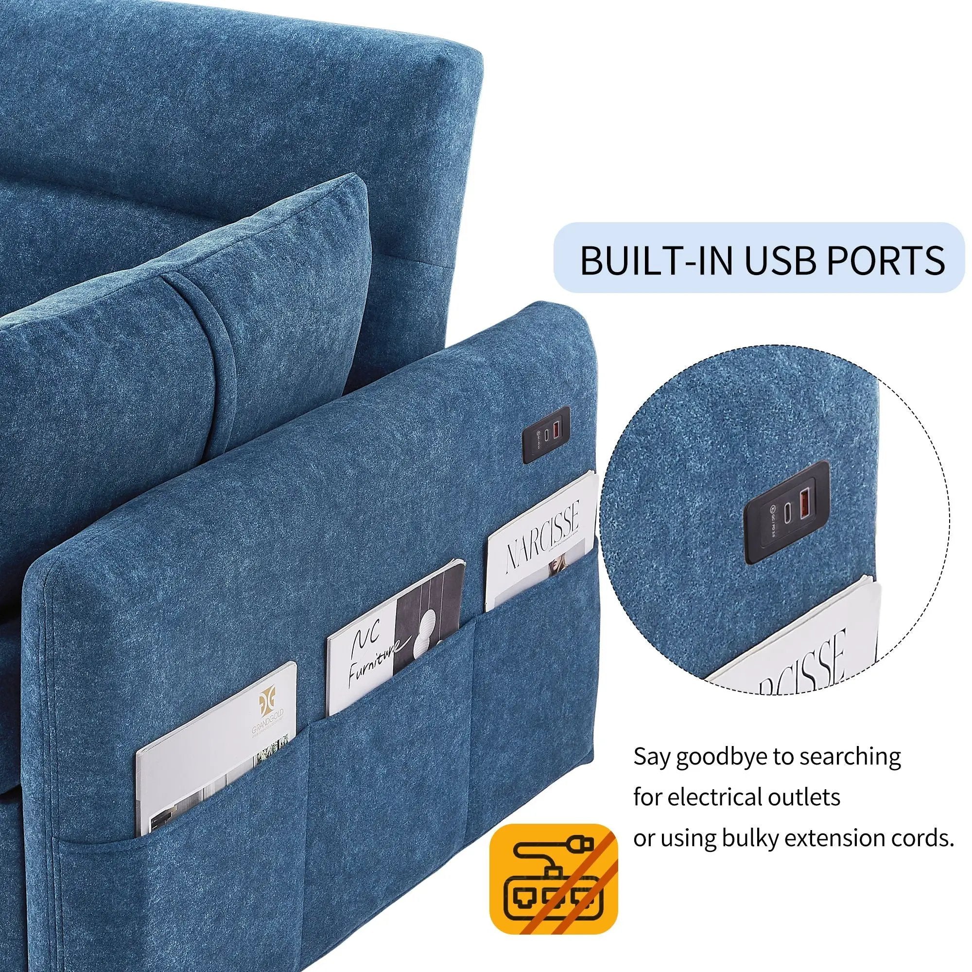 Pull Out Sleep Sofa Bed Loveseats Sofa Couch With Adjsutable Backrest, Storage Pockets, 2 Soft Pillows, USB Ports For Living Room, Bedroom, Apartment, Office by HouseOfZazla