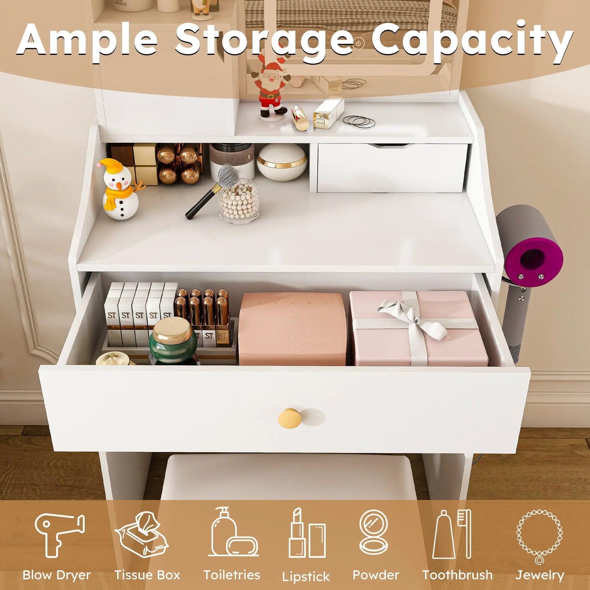 3 Color LED Vanity Mirror With Stool, Dressing Table For Bedroom, 2 Drawers & 5 Storage Cabinets (4 Open + 1 Hidden), Adjustable Lighting - White by Unique Piece Furniture